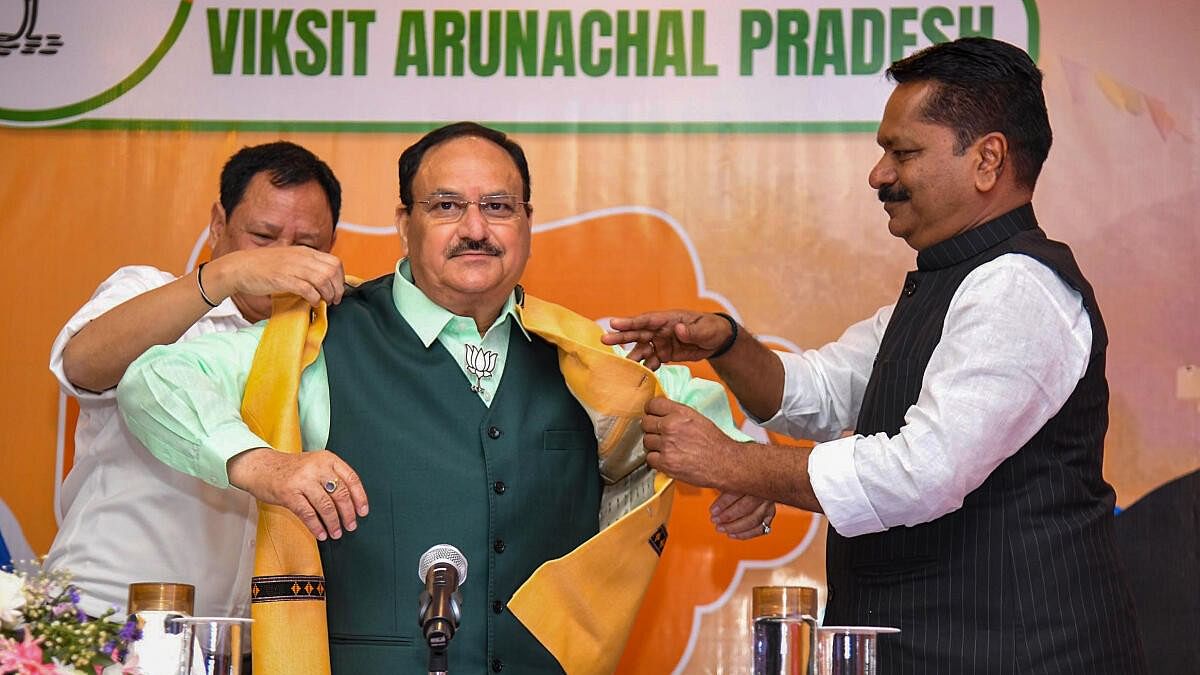 <div class="paragraphs"><p>BJP president JP Nadda being felicitated by during the release of the party’s manifesto in Itanagar on Wednesday, April 10.</p></div>