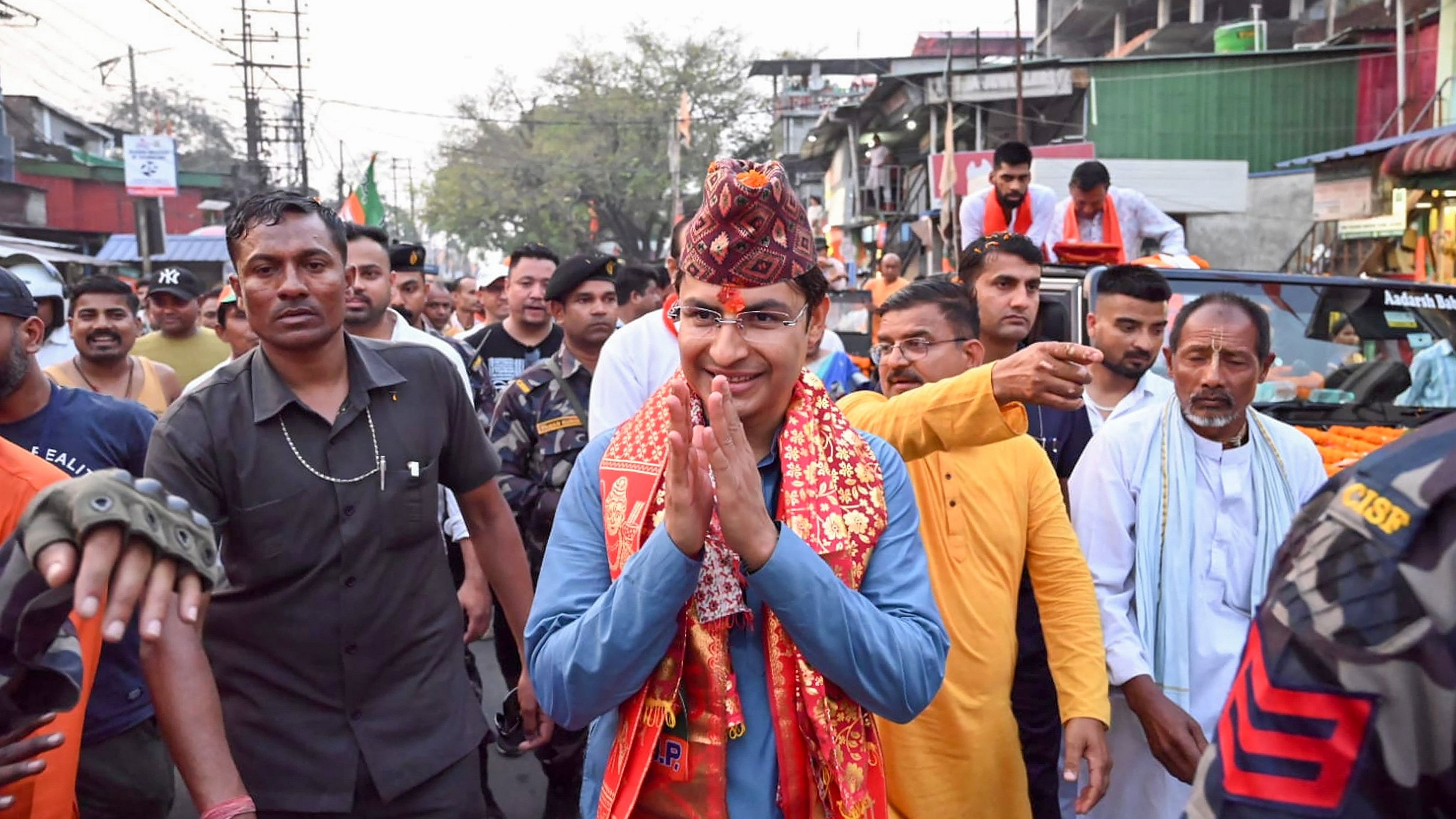 <div class="paragraphs"><p>BJP candidate Raju Bista during his campaign for Lok Sabha elections, at Salbari village, on the outskirts of Siliguri.</p></div>