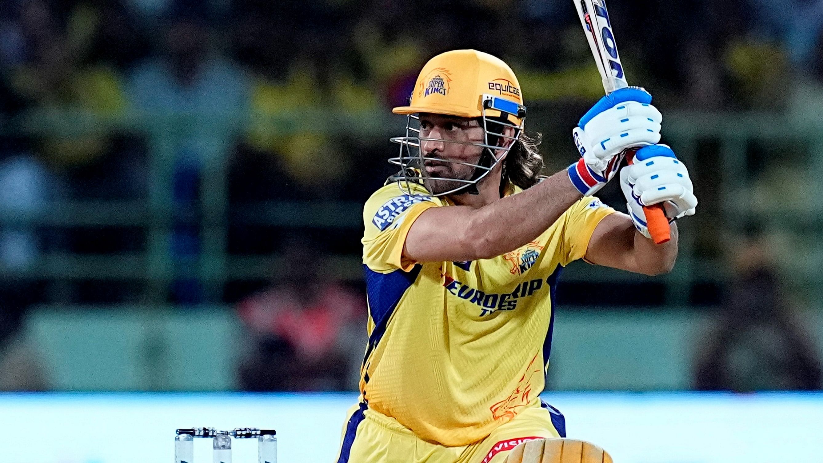 <div class="paragraphs"><p>Chennai Super Kings' batter Mahendra Singh Dhoni plays a shot during the IPL 2024 cricket match between Chennai Super Kings and Delhi Capitals on Sunday.</p></div>