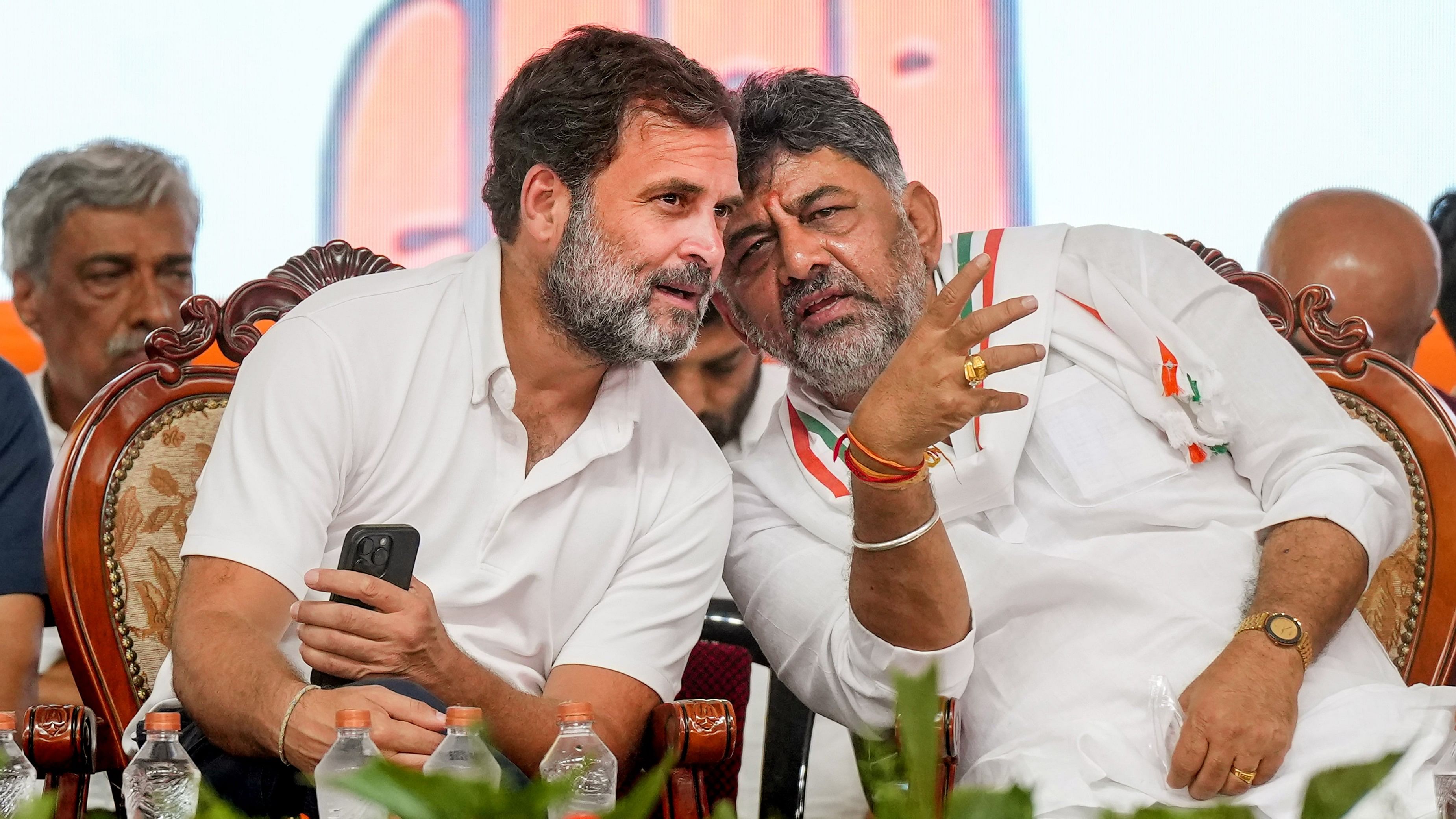 <div class="paragraphs"><p>Mandya: Congress leader Rahul Gandhi with Karnataka Deputy Chief Minister D K Shivakumar during an election campaign rally in support of the partys candidate from Mandya constituency Venkataramane Gowda (Star Chandru) ahead of the Lok Sabha elections, in Mandya district, Wednesday, April 17, 2024.</p></div>
