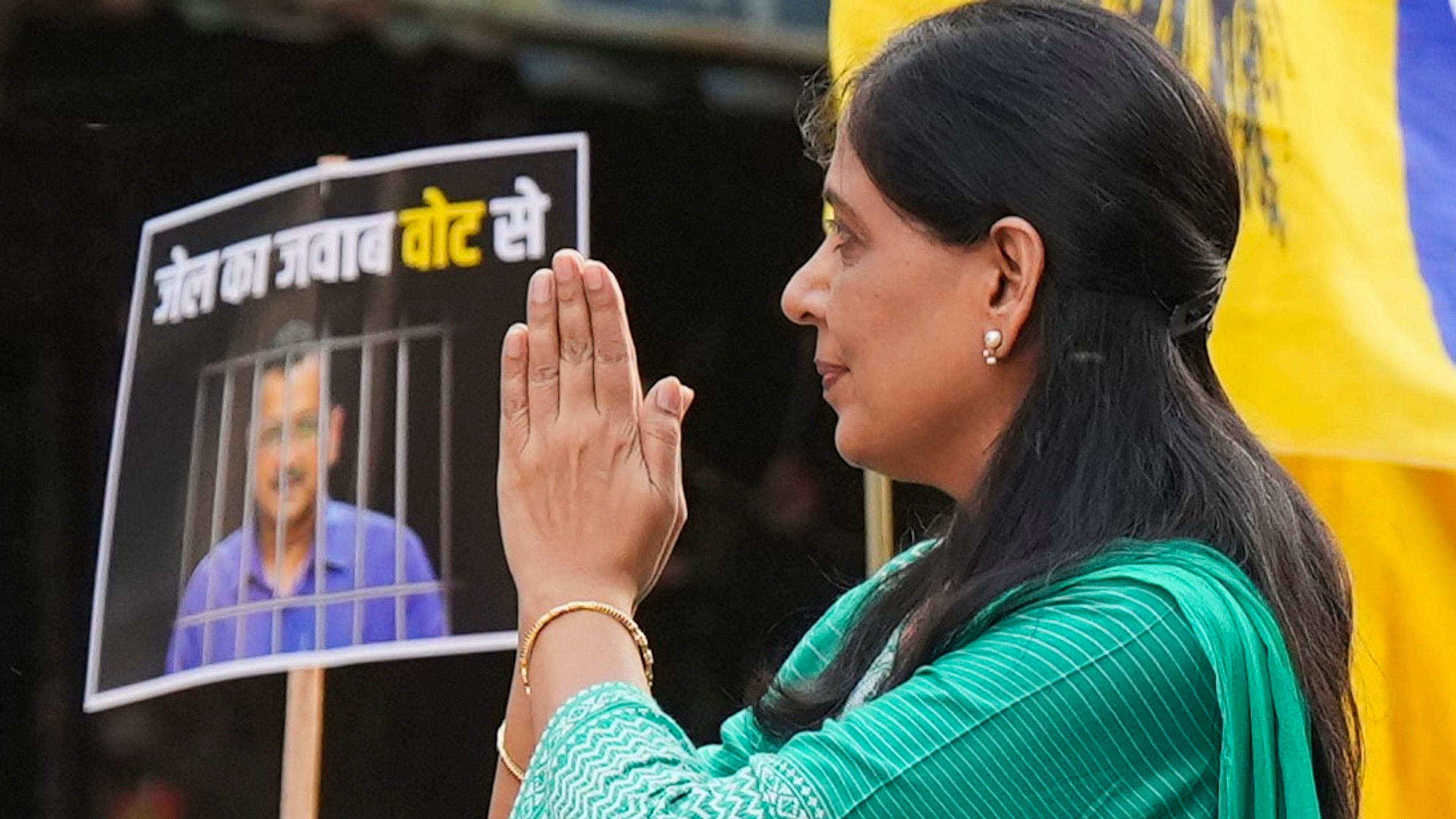 <div class="paragraphs"><p>Jailed Delhi Chief Minister Arvind Kejriwal's wife Sunita Kejriwal greets supporters during an election roadshow in support of Aam Aadmi Party's  (AAP) candidate from East Delhi constituency Kuldeep Kumar for the Lok Sabha polls, in New Delhi.</p></div>