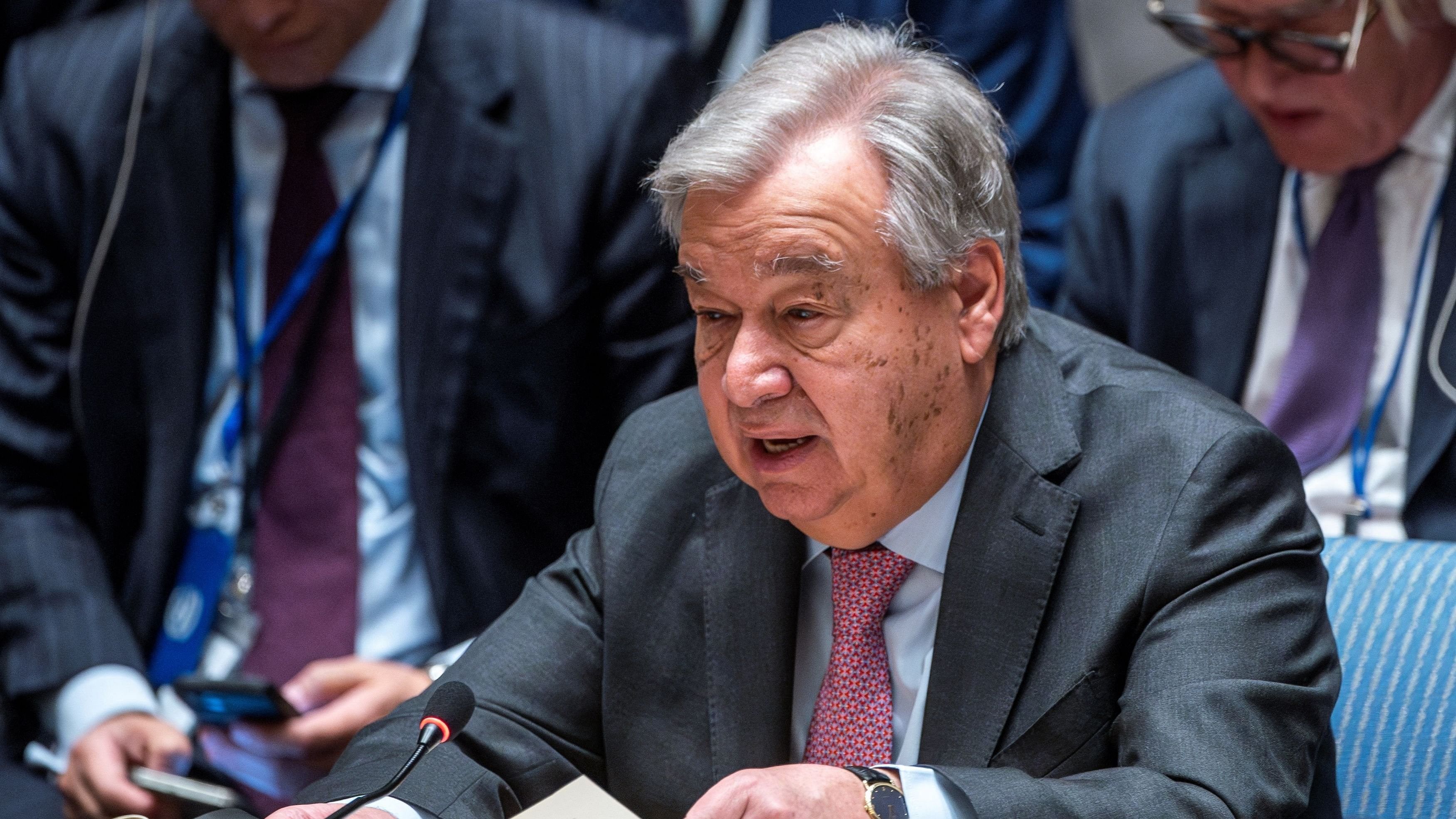 <div class="paragraphs"><p>United Nations Secretary General Antonio Guterres speaks to members of Security Council during a meeting to address the situation in the Middle East, including the Palestinian question, at U.N. headquarters in New York City, New York, U.S., April 18, 2024. REUTERS/Eduardo Munoz</p></div>
