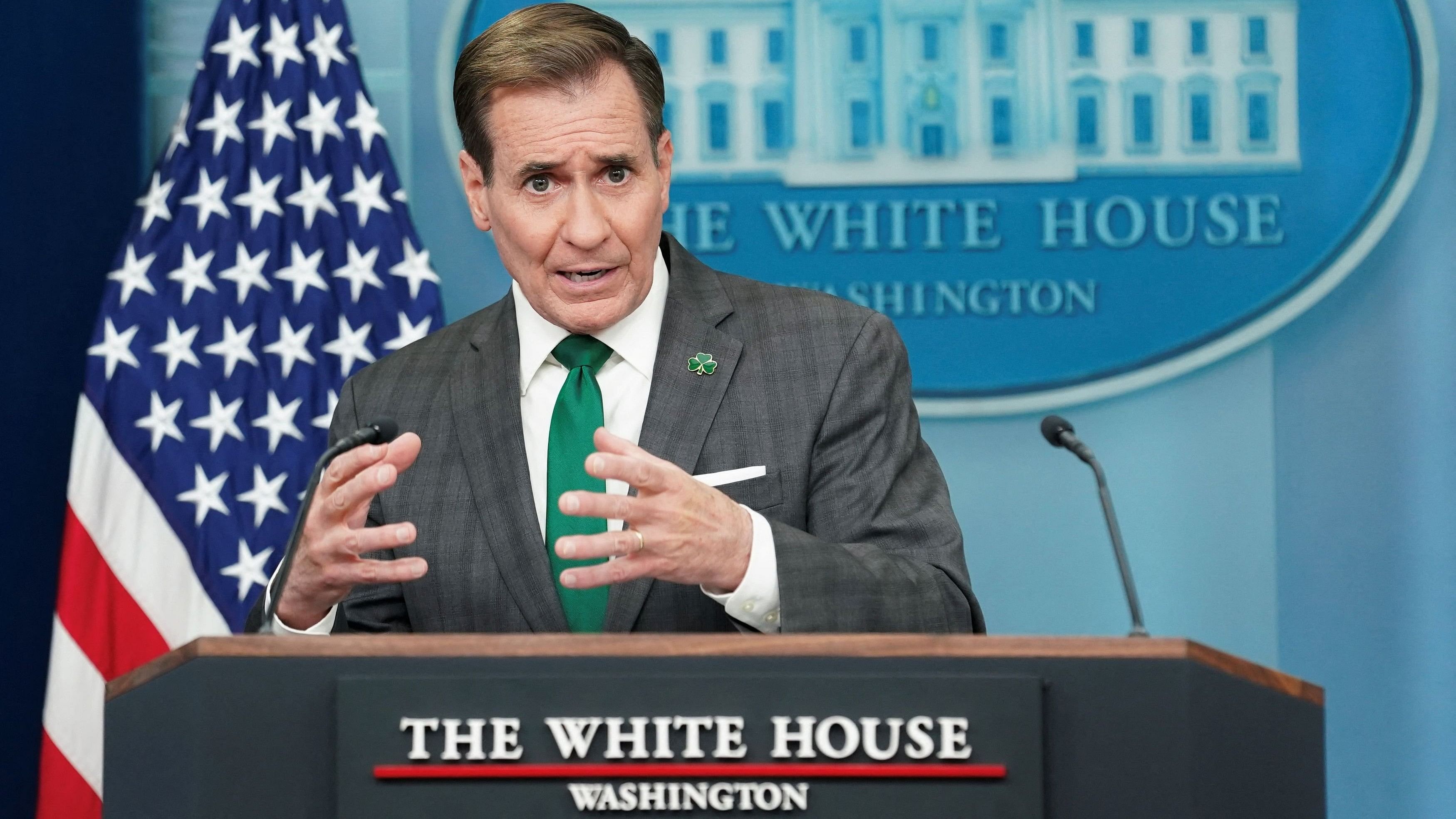 <div class="paragraphs"><p>White House national security communications adviser John Kirby speaks during a press briefing at the White House in Washington, US, March 15, 2024. </p></div>