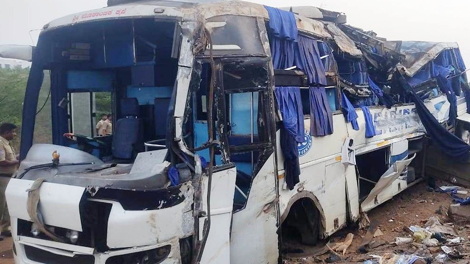 The private bus that was involved in an accident near Hanumanth Devara Kanive on the outskirts of Holalkere in Chitradurga district on Sunday.