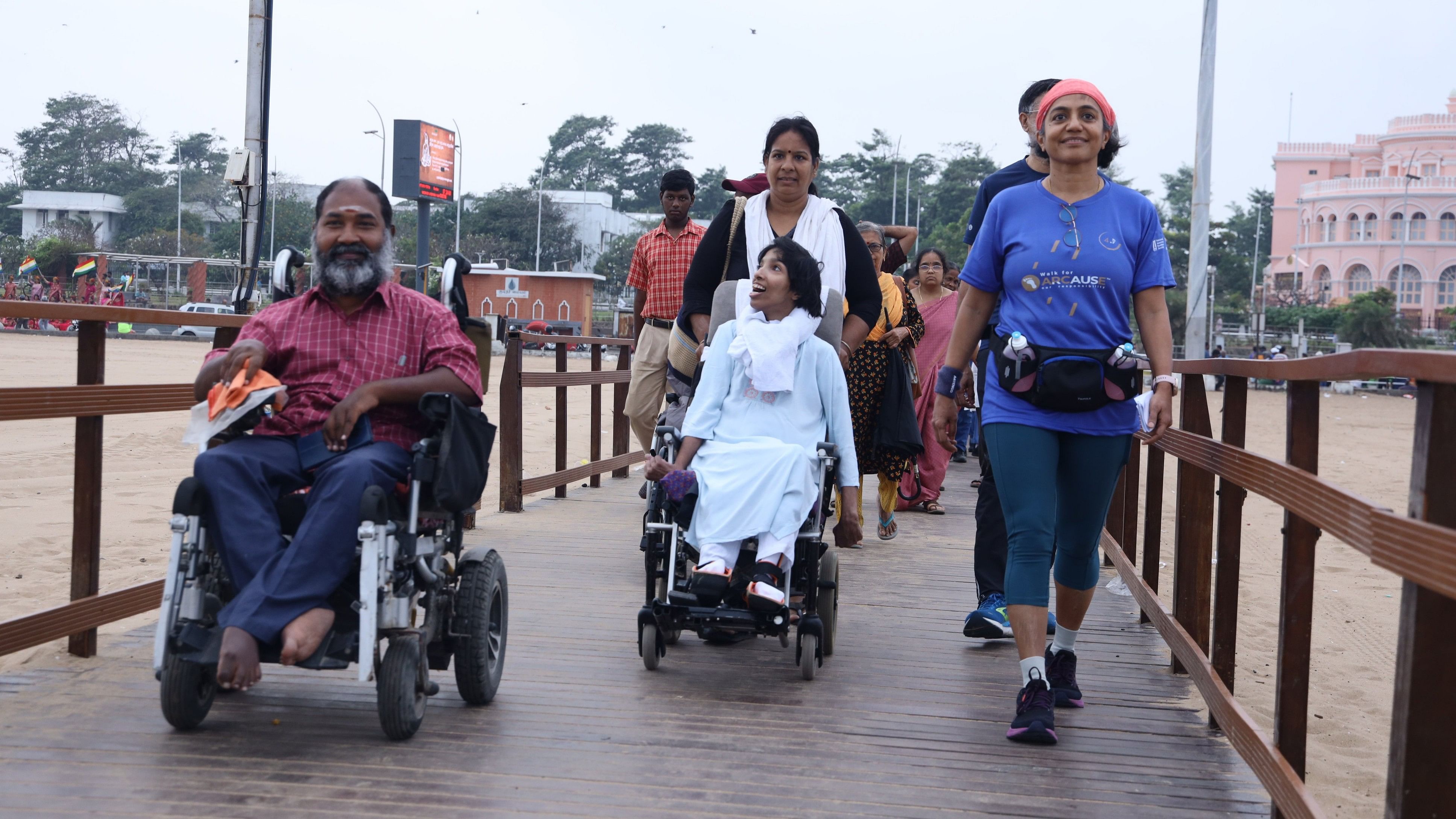 Gita (in blue) started her fourth design walk at the Empowerment Corridor on Marina Beach, Chennai. The corridor makes the sea accessible to all.