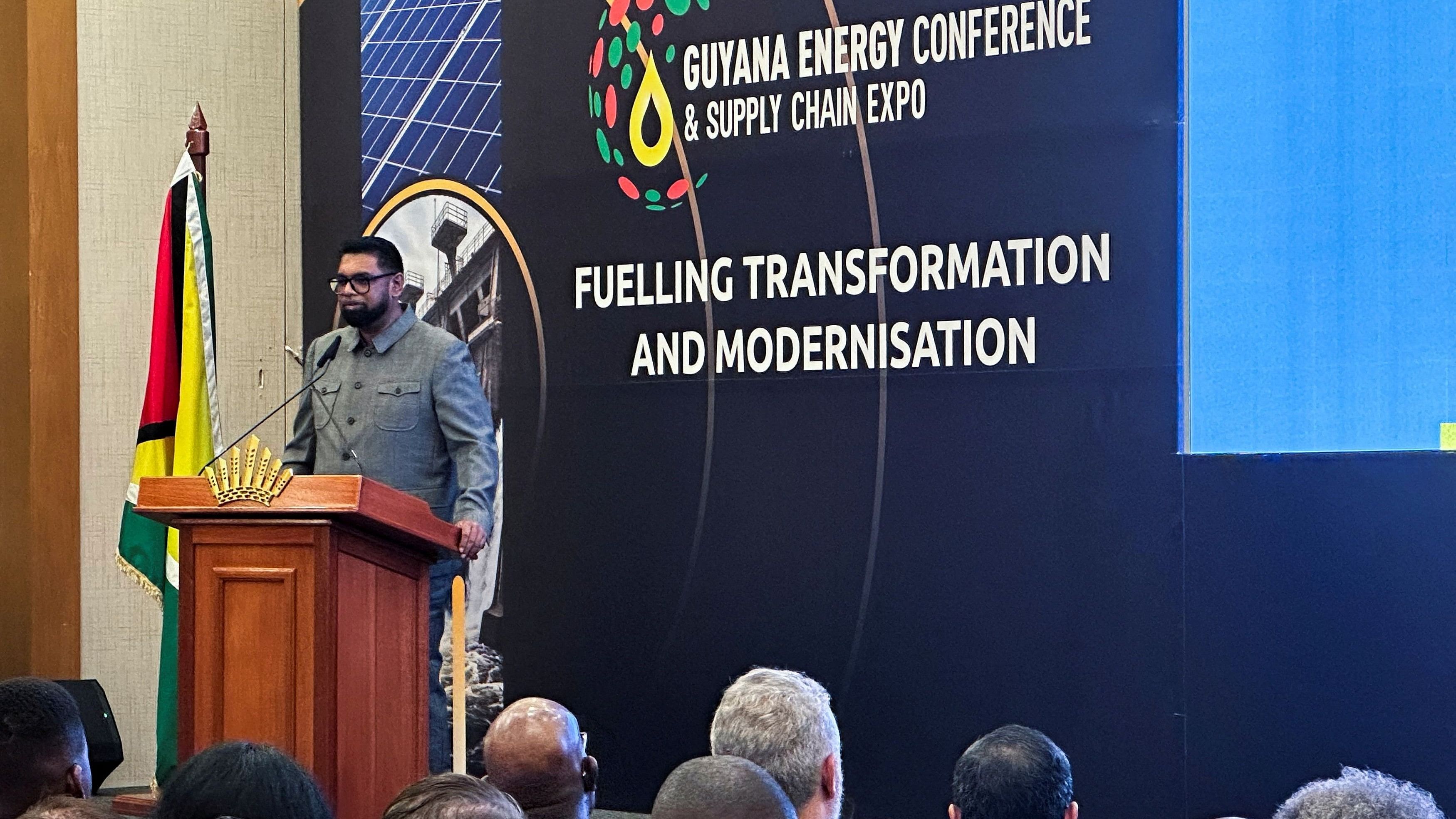 <div class="paragraphs"><p>Guyana's President Mohamed Irfaan Ali speaks at Guyana's Energy Conference and Exhibition in Georgetown, Guyana</p></div>