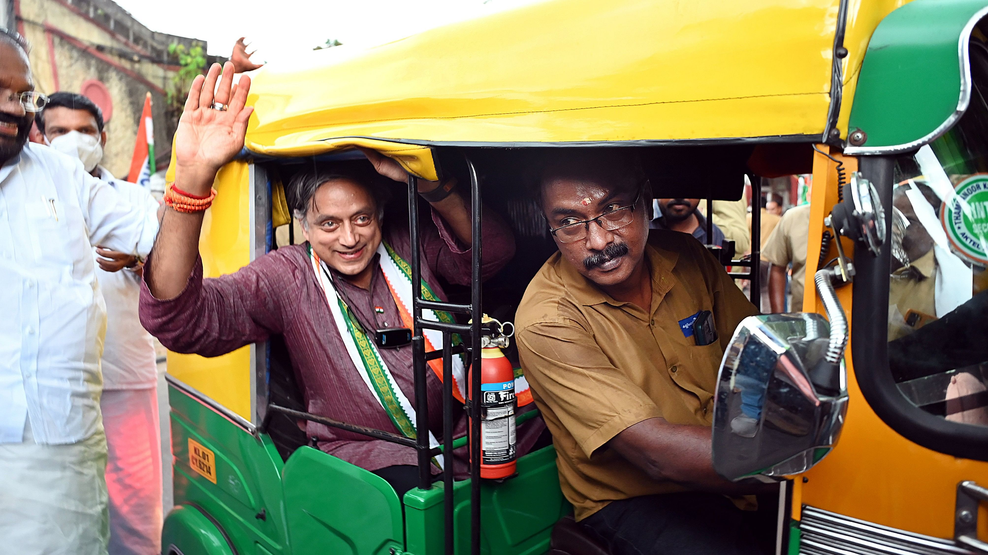 <div class="paragraphs"><p>Congress candidate Shashi Tharoor rides an auto-rickshaw during his election campaign in Thiruvananthapuram.</p></div>