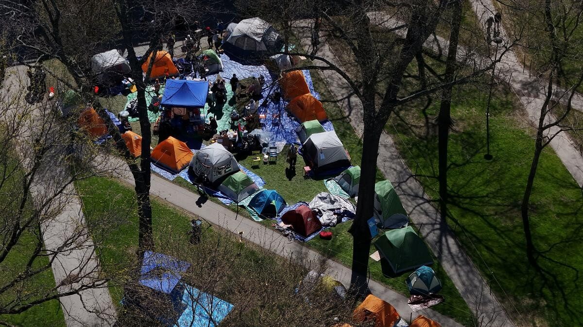 <div class="paragraphs"><p>A drone view shows an encampment at Harvard University where students protest in support of Palestinians,</p></div>