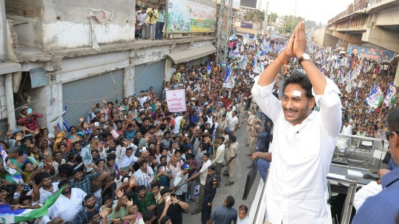 <div class="paragraphs"><p>YSRCP supremo and Andhra Pradesh Chief Minister, YS Jagan Mohan Reddy during his&nbsp;Memantha Siddham (We are all ready) bus yatra'.</p></div>