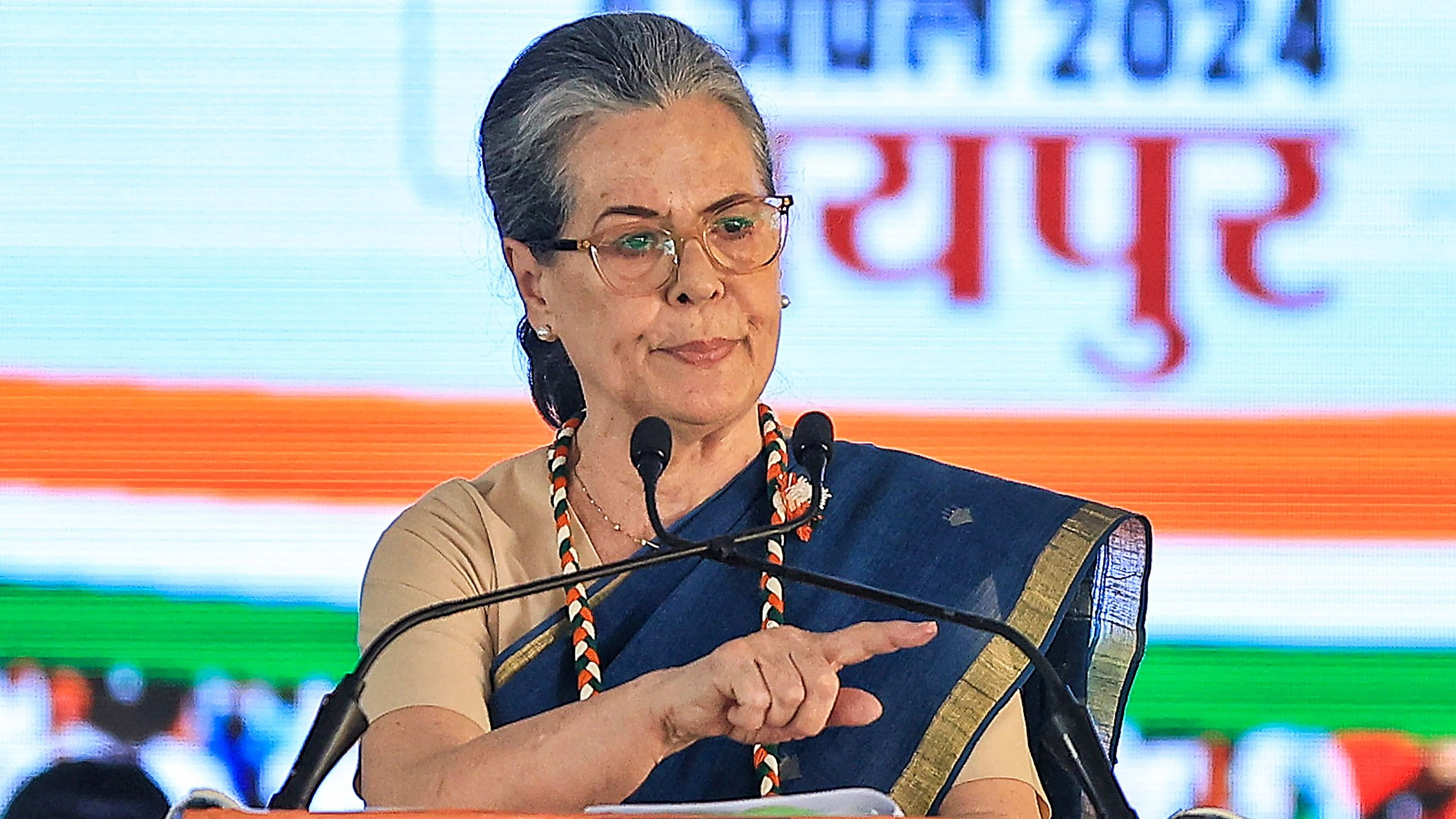<div class="paragraphs"><p>Congress leader Sonia Gandhi speaks during a public meeting, ahead of Lok Sabha elections, in Jaipur.</p></div>