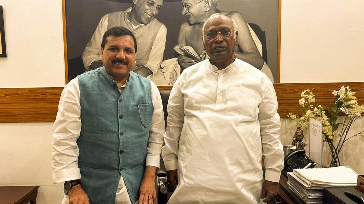 <div class="paragraphs"><p>AAP leader Sanjay Singh during a meeting with Congress President Mallikarjun Kharge.&nbsp;</p></div>