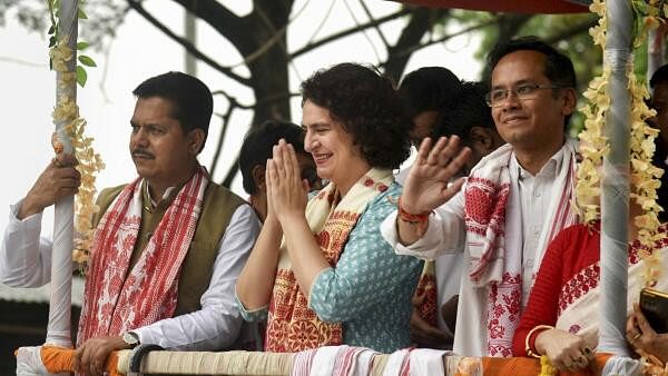 <div class="paragraphs"><p>Congress leader Priyanka Gandhi Vadra and Gaurav Gogoi during an election campaign rally ahead of Lok Sabha elections, at Titabor in Jorhat district, Assam, Tuesday, April 16, 2024.</p></div>