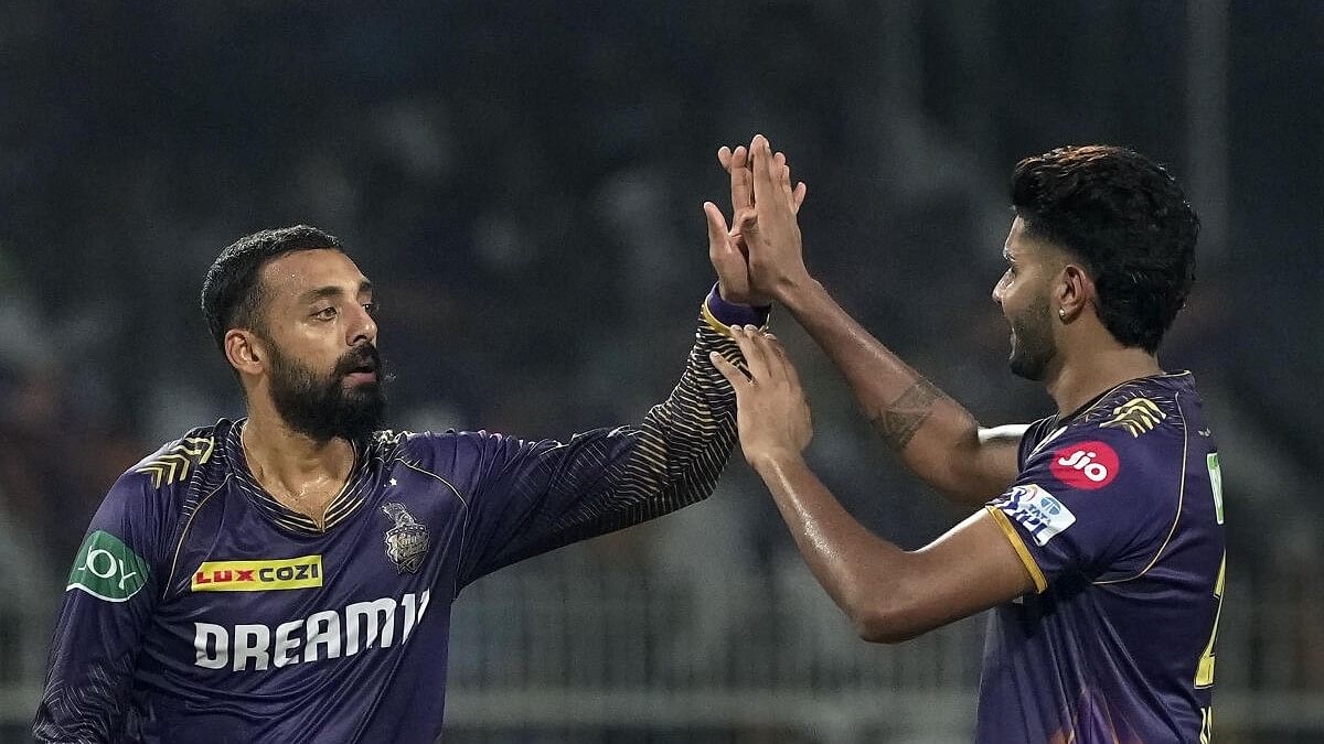 <div class="paragraphs"><p>Kolkata Knight Riders's Varun Chakravarthy (left) celebrates after dismissing Delhi Capitals' Tristan Stubbs during their IPL tie in Kolkata.&nbsp;</p></div>