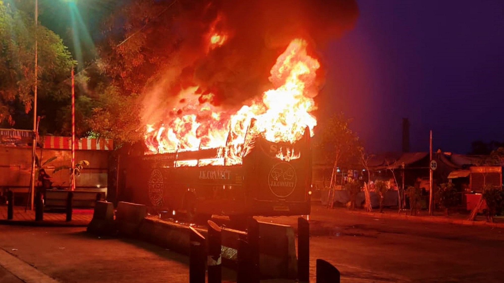 <div class="paragraphs"><p>A bus catches fire near the Kempegowda bus station on Wednesday. </p></div>