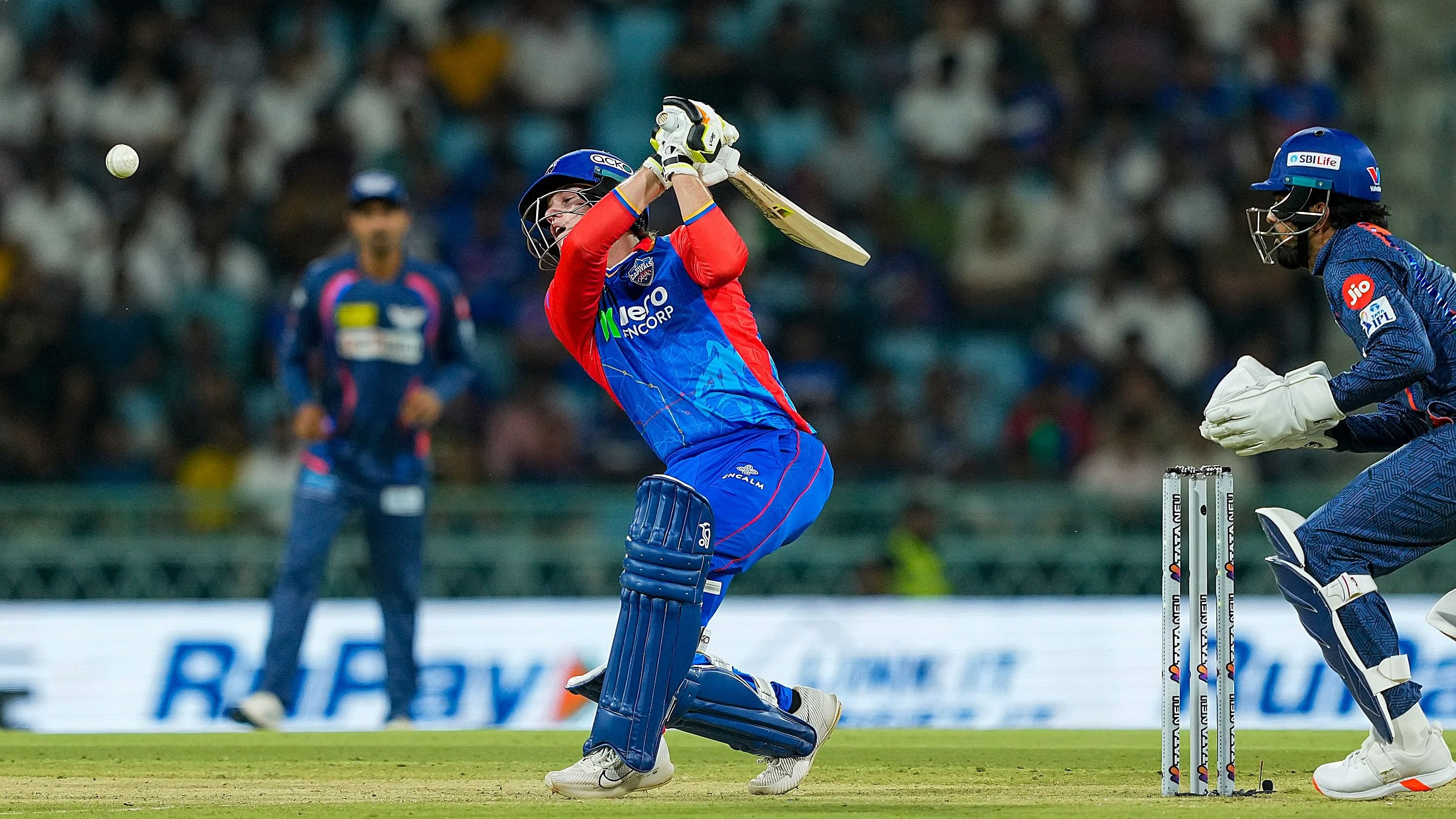 <div class="paragraphs"><p>DC's batter Jake Fraser-McGurk plays a shot during the Indian Premier League (IPL) 2024 T20 cricket match between Lucknow Super Giants and Delhi Capitals at Bharat Ratna Shri Atal Bihari Vajpayee Ekana Stadium, in Lucknow, Friday, April 12, 2024. </p></div>