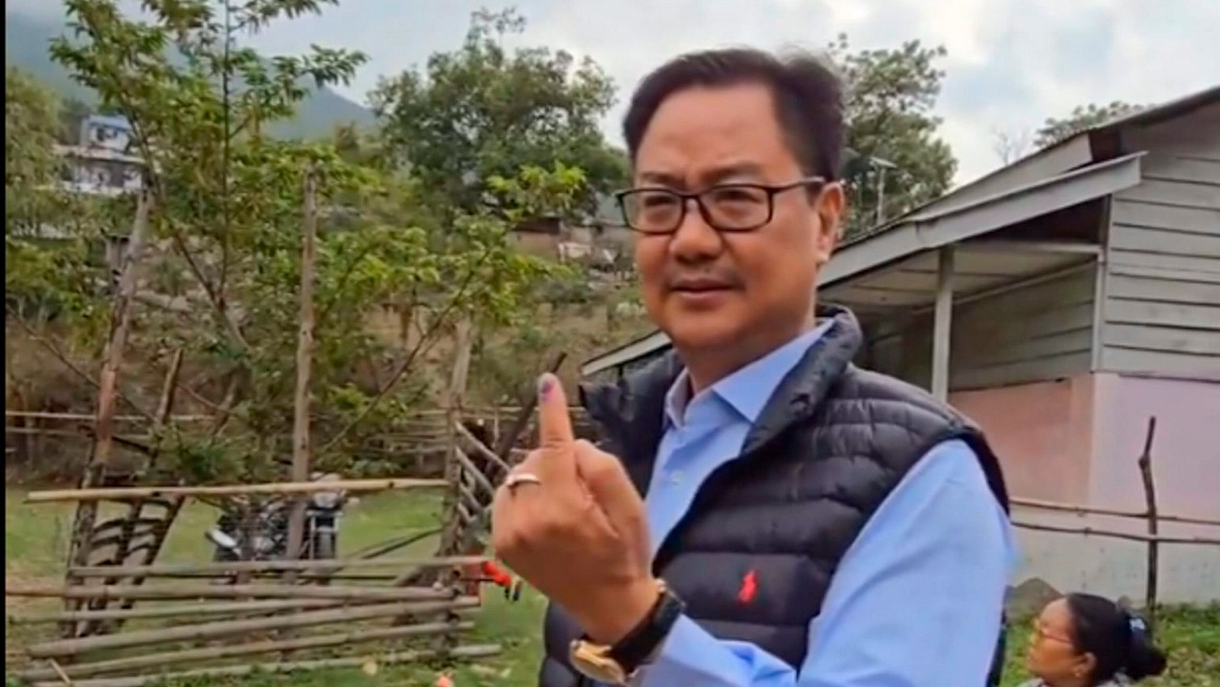 <div class="paragraphs"><p>Union Minister Kiren Rijiju shows his finger marked with indelible ink after casting his vote for the first phase of Lok Sabha&nbsp;elections, in Nafra village, Arunachal Pradesh, Friday, April 19, 2024. </p></div>