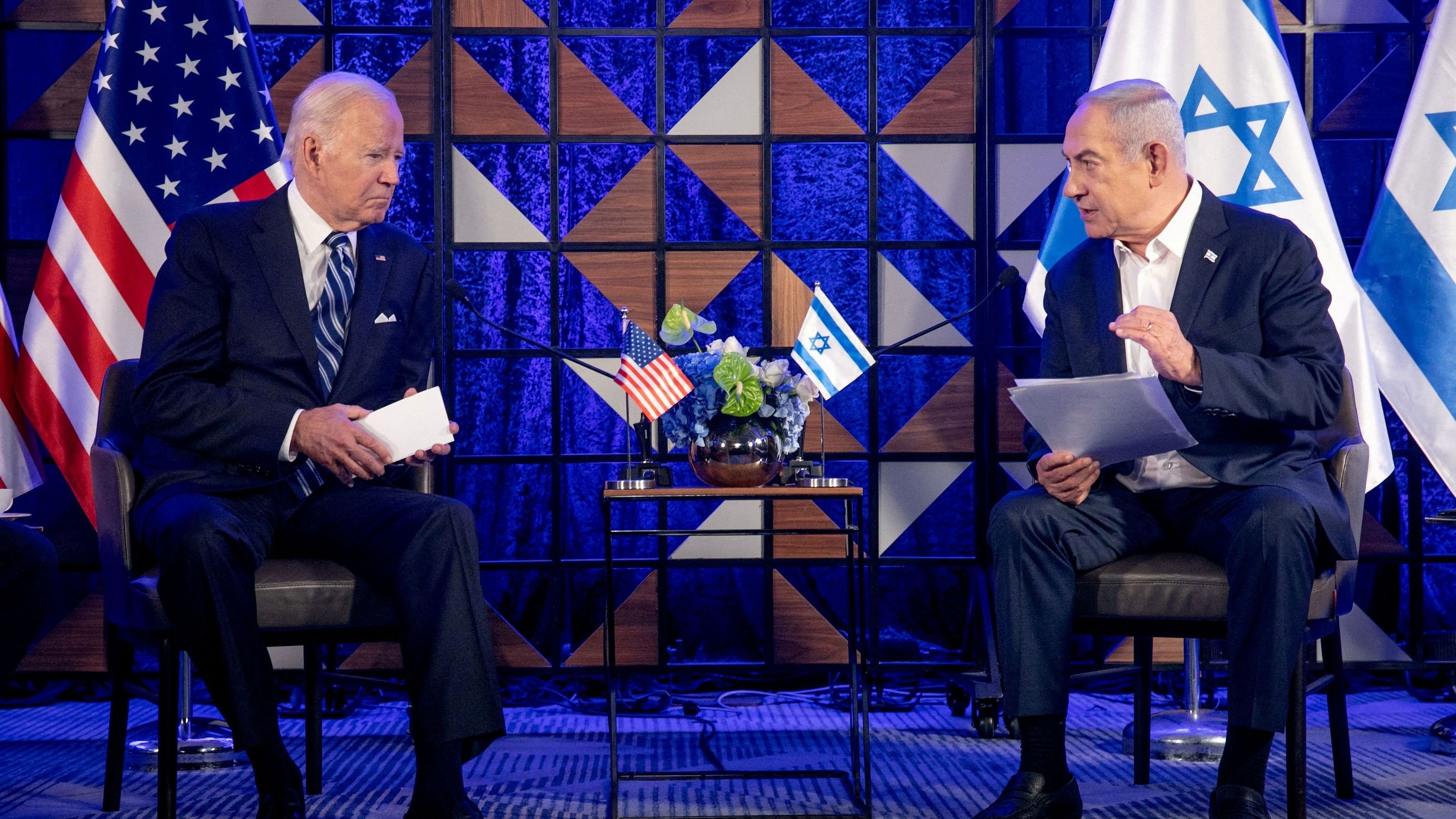 <div class="paragraphs"><p>US President Joe Biden, left, meets with Israeli Prime Minister Benjamin Netanyahu.</p></div>