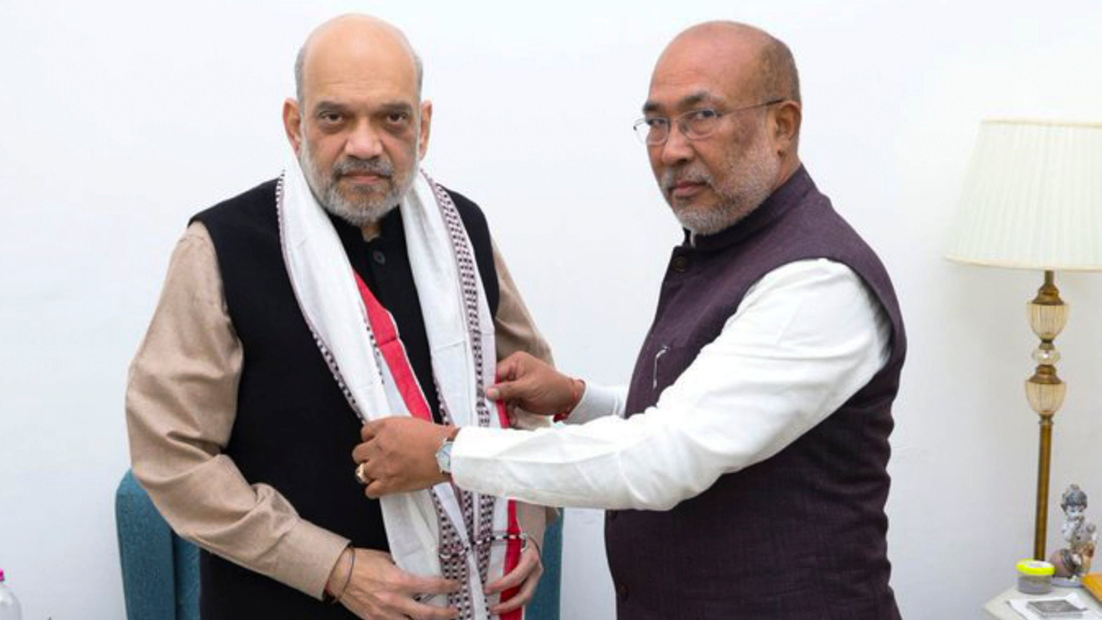 <div class="paragraphs"><p>Union Home Minister Amit Shah with Manipur Chief Minister N. Biren Singh.&nbsp;</p></div>