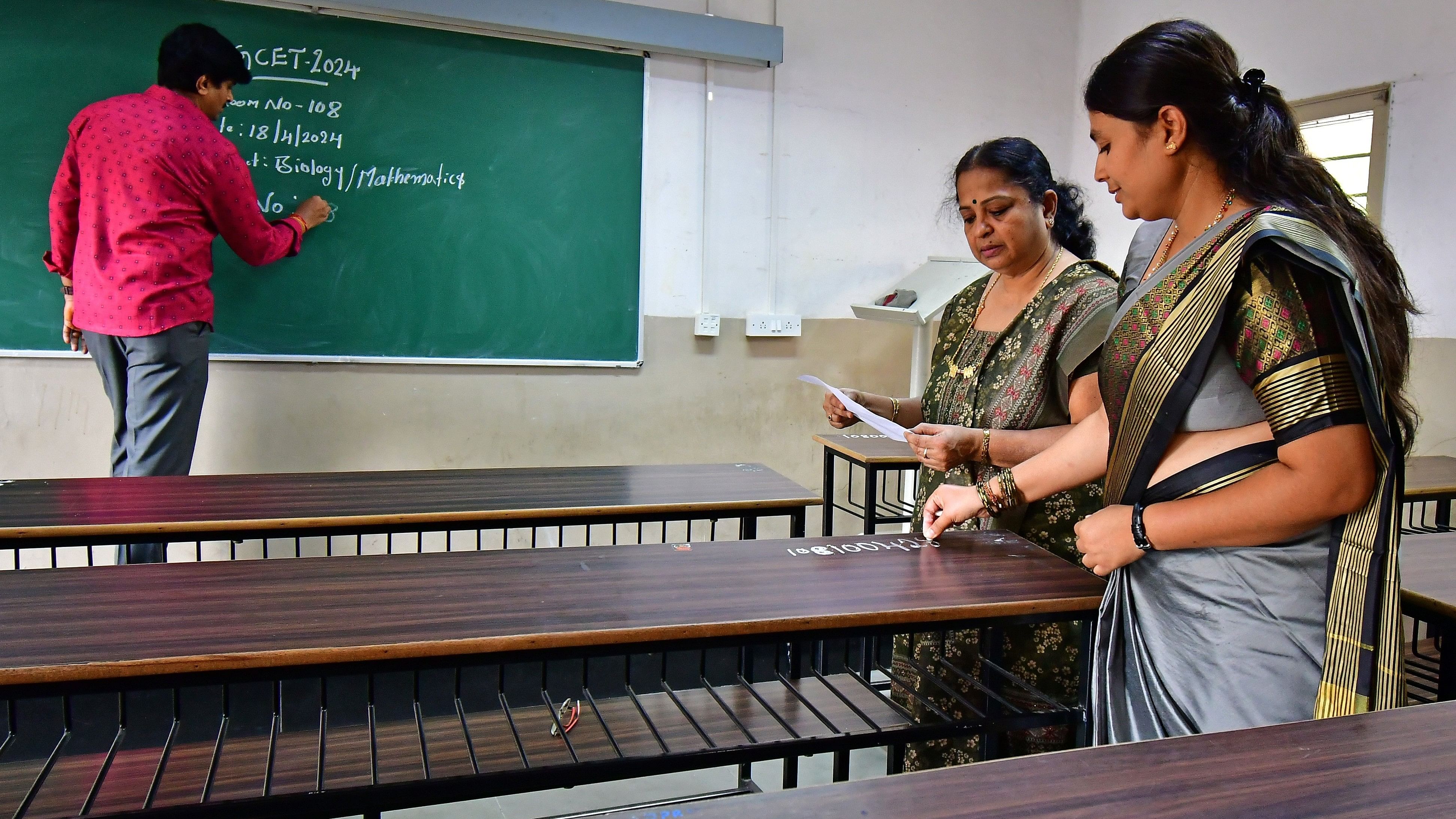 <div class="paragraphs"><p>The roll numbers of students were marked on the desks at Seshadripuram College in Bengaluru on Wednesday. </p></div>