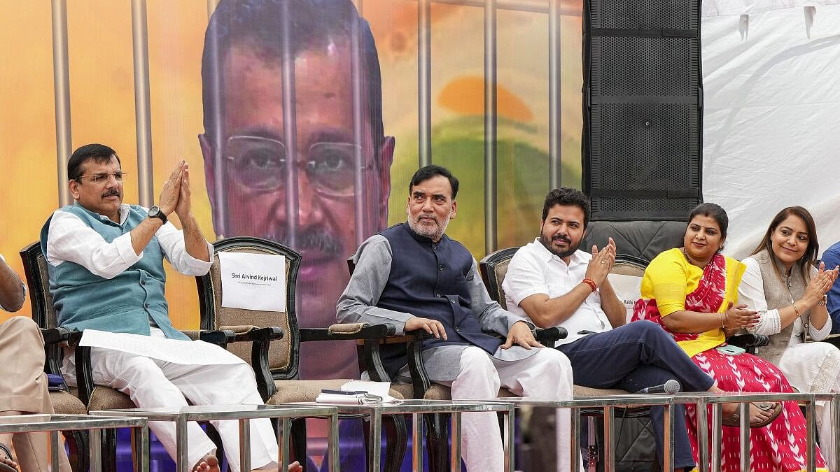 <div class="paragraphs"><p>AAP leaders Sanjay Singh and Gopal Rai with others at the party's campaign song launch ahead of Lok Sabha polls, in New Delhi, Thursday, April 25, 2024.</p></div>