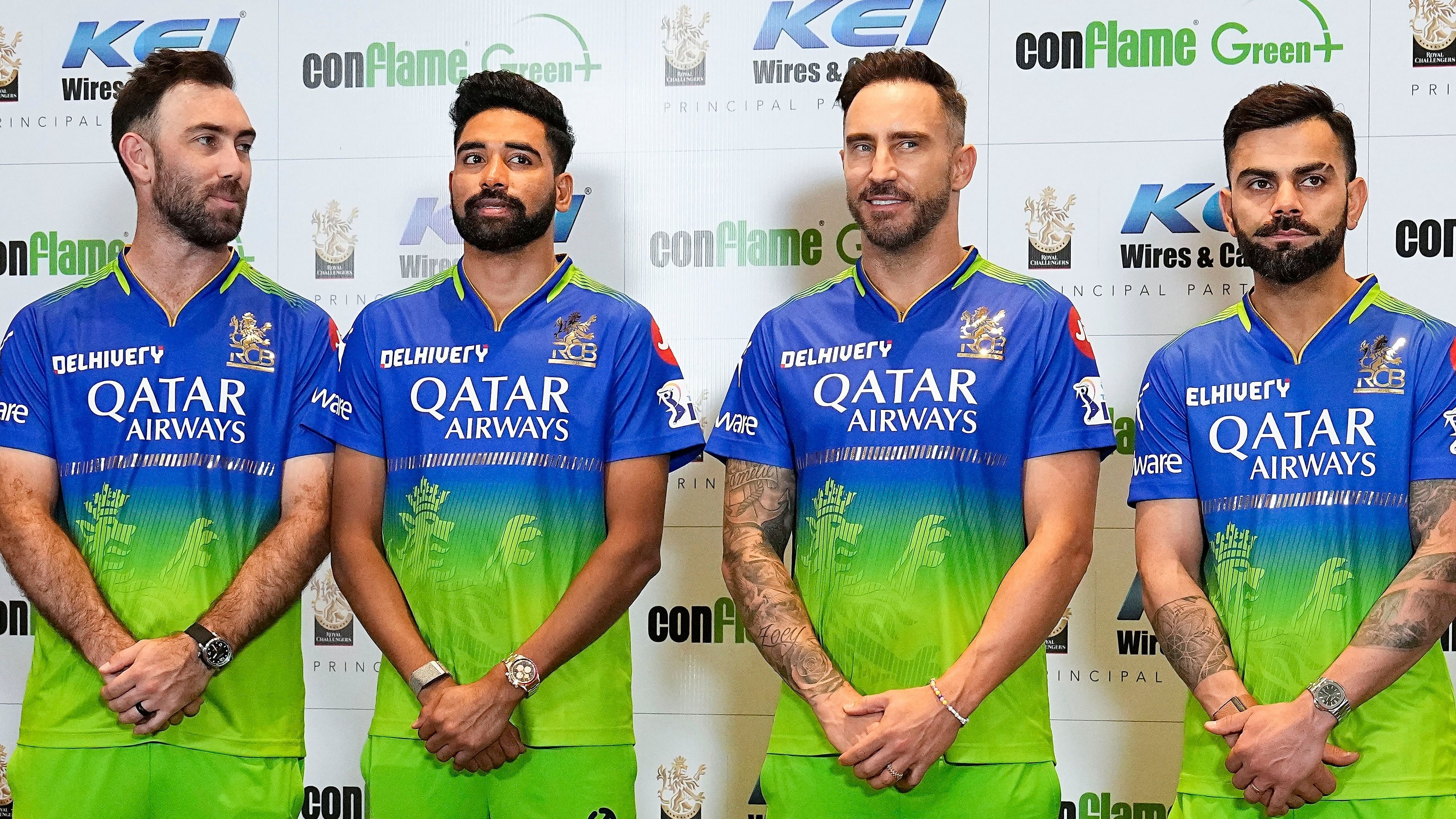 <div class="paragraphs"><p>Royal Challengers Bengaluru captain Faf du Plessis (second from right) with teammates Virat Kohli (right), Mohammed Siraj (second from left) and Glenn Maxwell during the launch of team’s green jersey as part of their 'Go Green Initiative' which enabled them to restore 3 lakes in a water-stressed Bengaluru.&nbsp;</p></div>