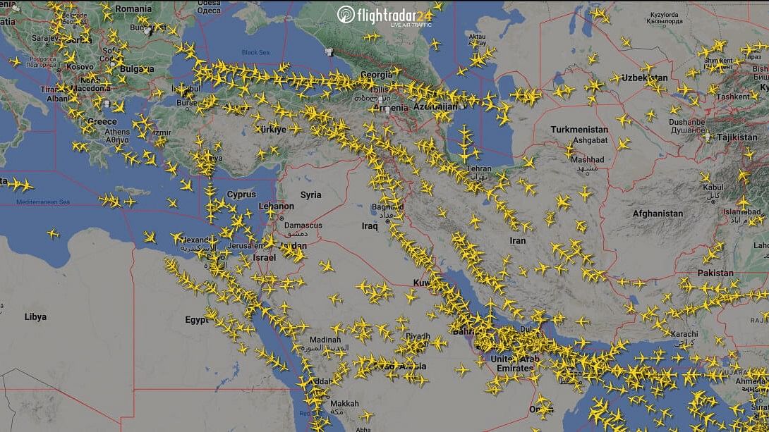 <div class="paragraphs"><p>A graphical representation of air traffic shows airspace over Iran and the neighbouring Middle East at 0000 GMT, April 7, 2024.</p></div>