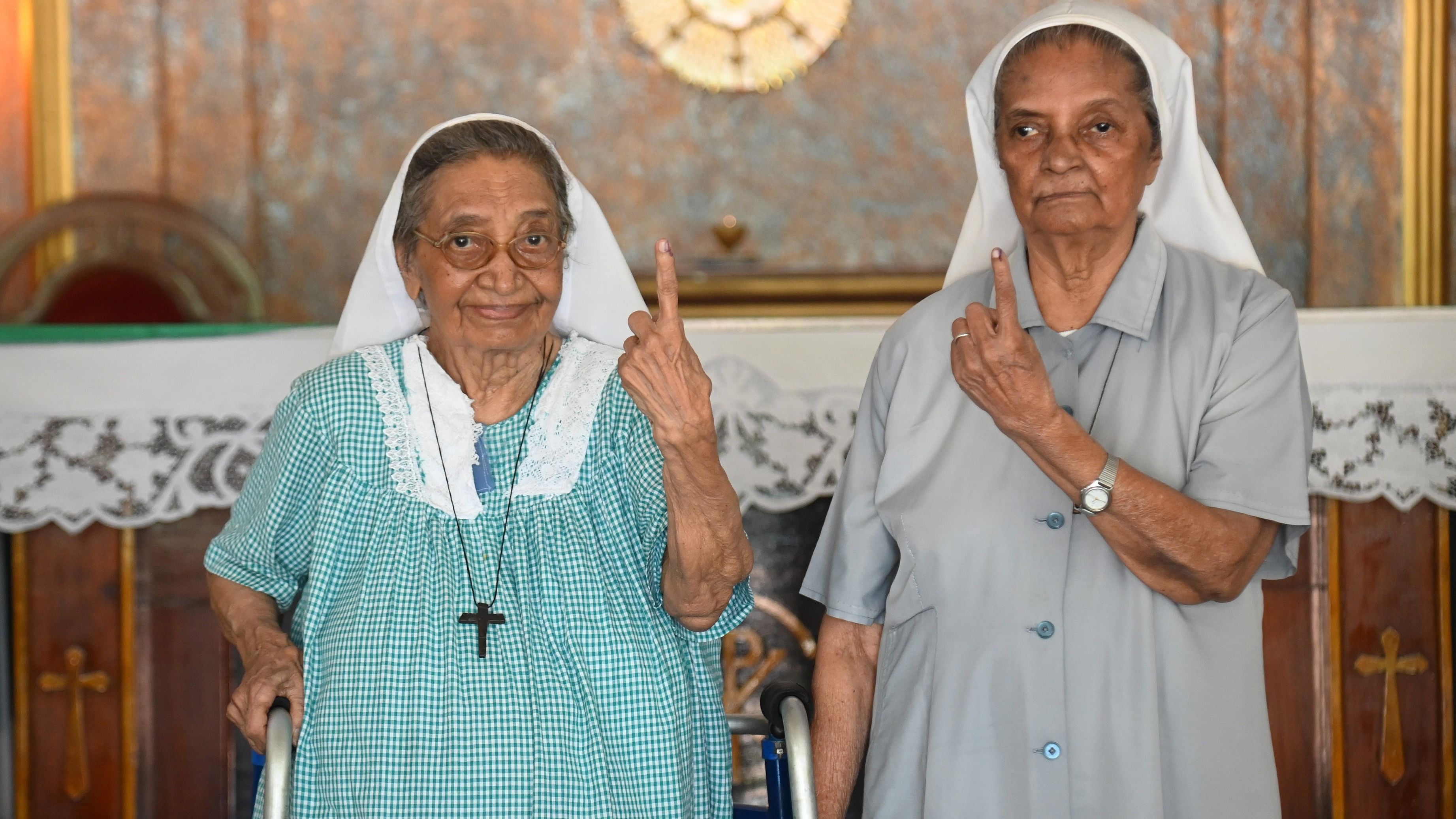 <div class="paragraphs"><p>90-year-old Sr Mary Lawrence and Sr Mary Merceline happily pose after exercising their franchise by opting to vote from home in Mangaluru. </p></div>