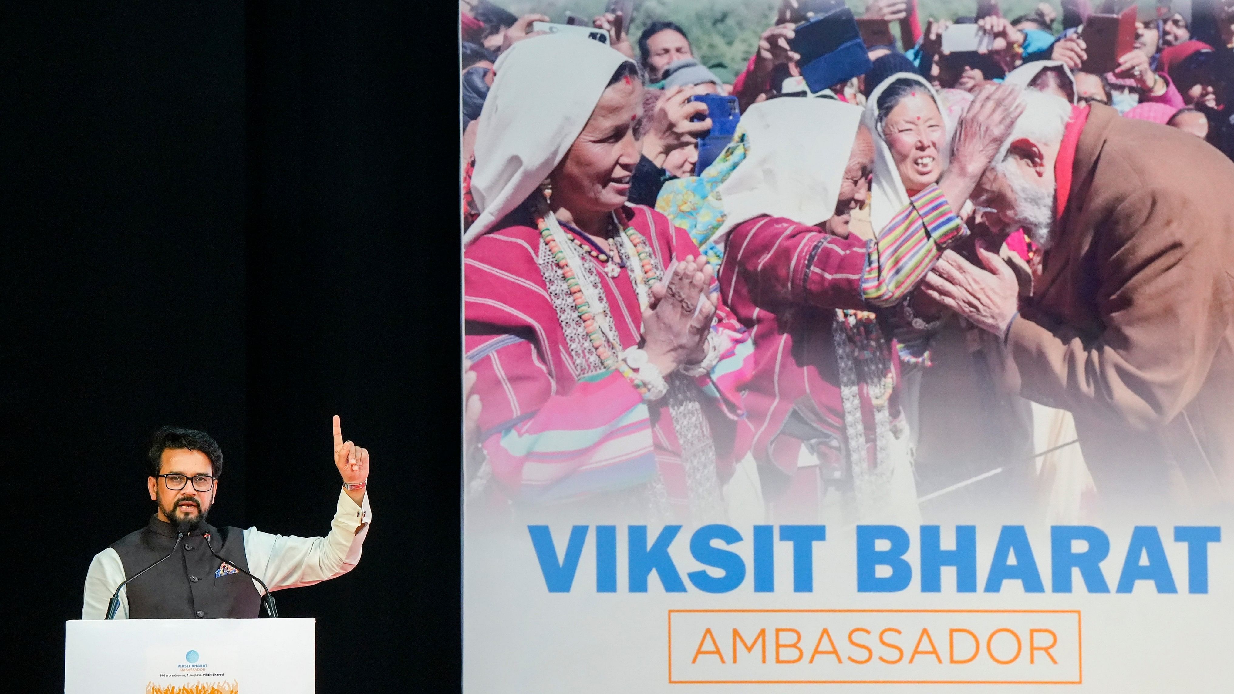 <div class="paragraphs"><p>Union Minister for Information and Broadcasting, Youth Affairs and Sports Anurag Thakur speaks during a Viksit Bharat ambassador programme.</p></div>