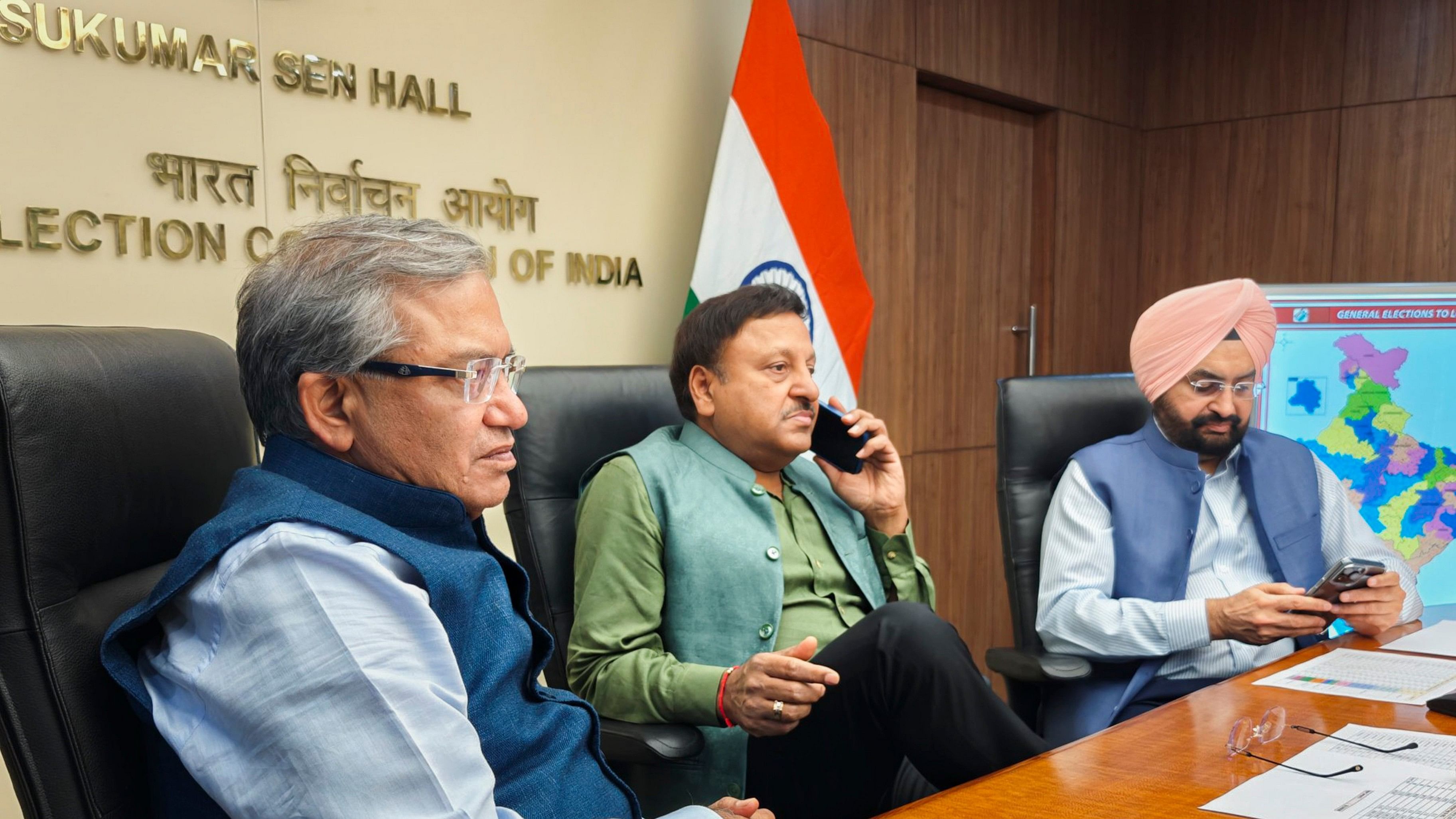 <div class="paragraphs"><p>Chief Election Commissioner (CEC) of India Rajiv Kumar with Election Commissioners Gyanesh Kumar and Sukhbir Singh Sandhu monitors the progress of polling during the first phase of Lok Sabha elections, at ECI headquarters, Nirvachan Sadan, in New Delhi. </p></div>