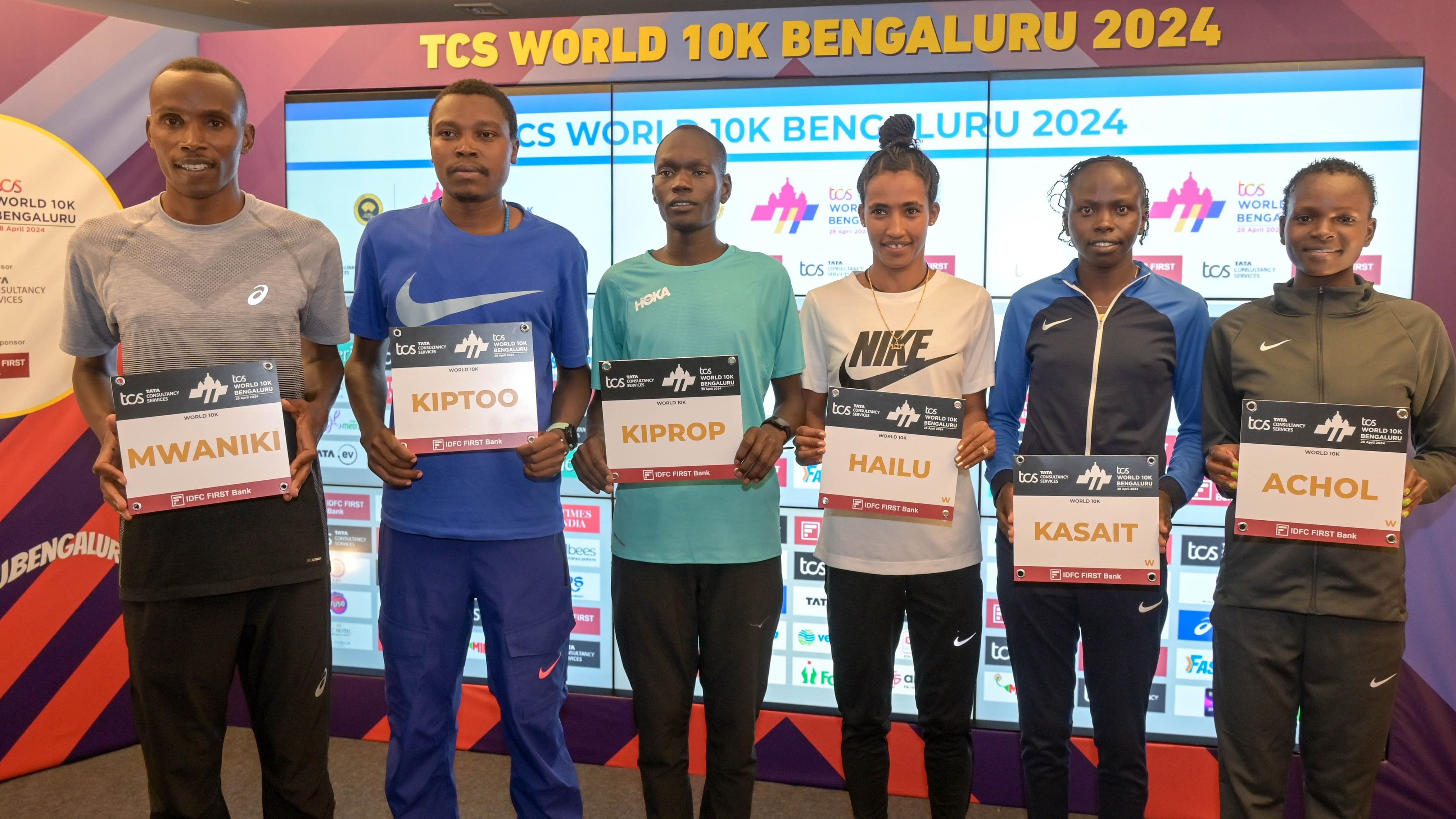 <div class="paragraphs"><p>(From left) Peter Mwaniki, Bravin Kiptoo, Bravin Kiprop, Lemlem Hailu, Lilian Kasait and Emmaculate Achol, the international elite athletes who will be in fray at the TCS World 10K Bengaluru on April 28, pose during a media interaction on Friday. </p></div>
