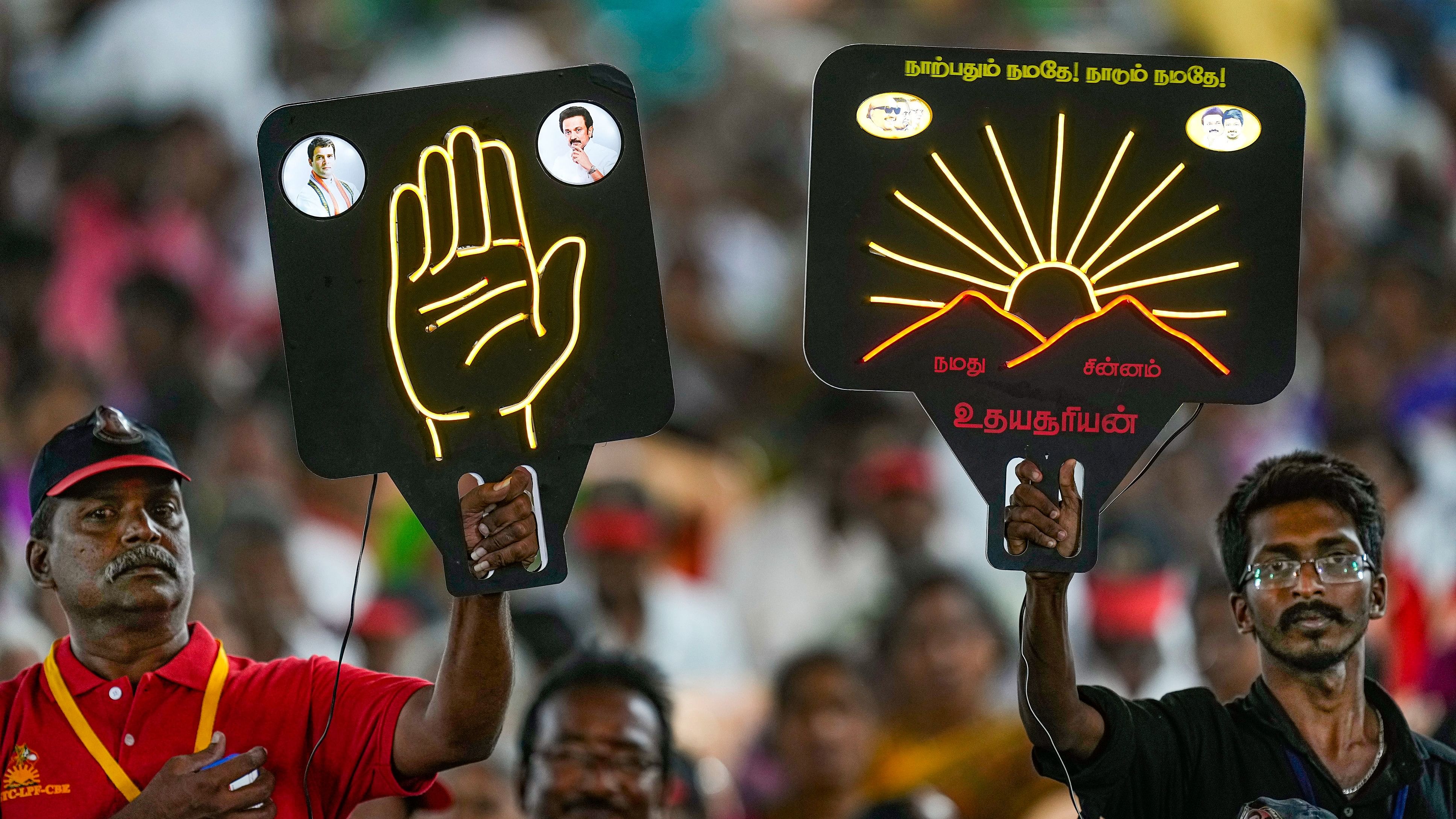 <div class="paragraphs"><p>Supporters at the DMK chief and Tamil Nadu Chief Minister M K Stalin and Congress leader Rahul Gandhi's public meeting, ahead of the Lok Sabha elections, in Coimbatore, on Friday.</p></div>