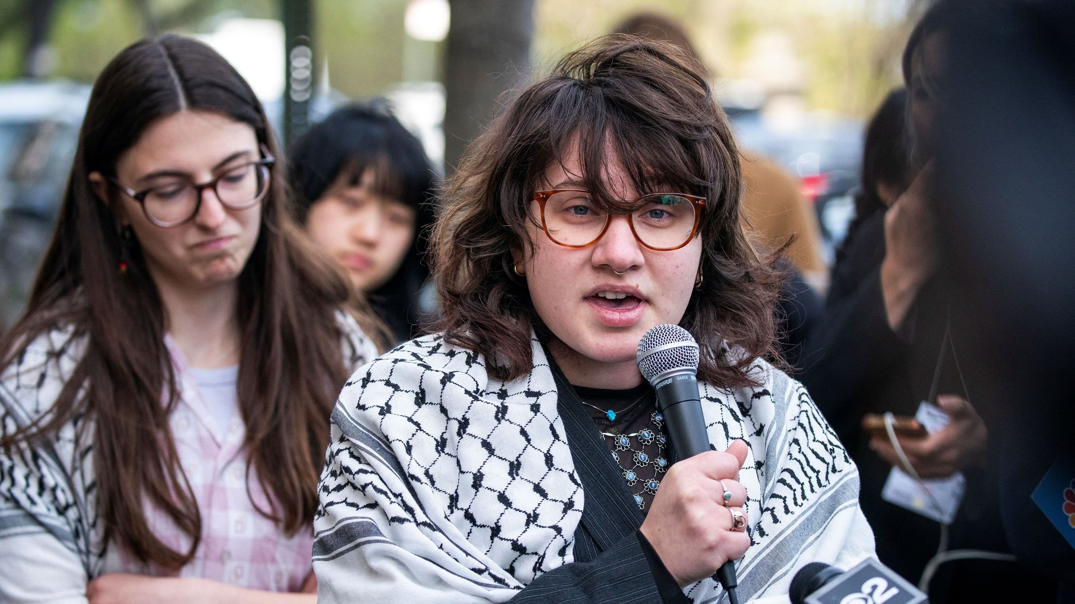 <div class="paragraphs"><p>Student Soph Askance, who was detained by NYPD and suspended by Columbia University for participating in a demonstration, speaks during a press conference, as the Protest encampment continues in support of Palestinians, amid ongoing conflict between Israel and the Palestinian Islamist group Hamas, in New York City, US, April 23, 2024. </p></div>