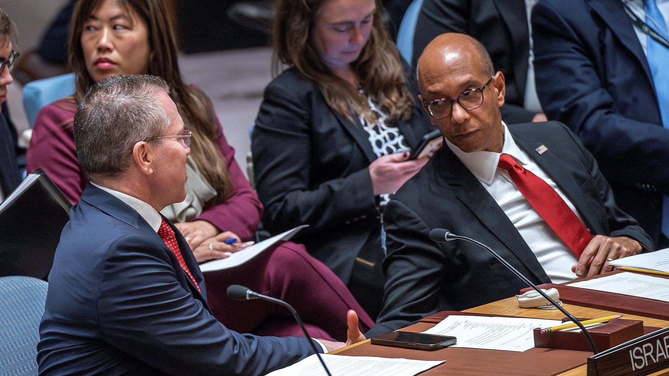 <div class="paragraphs"><p>Israel's Ambassador to the United Nations Gilad Erdan shakse hands with Alternate Representative of the United States for Special Political Affairs in the United Nations Robert Wood during a Security Council meeting to address the situation in the Middle East, including the Palestinian question, at UN headquarters in New York City, New York, US, April 18, 2024.</p></div>