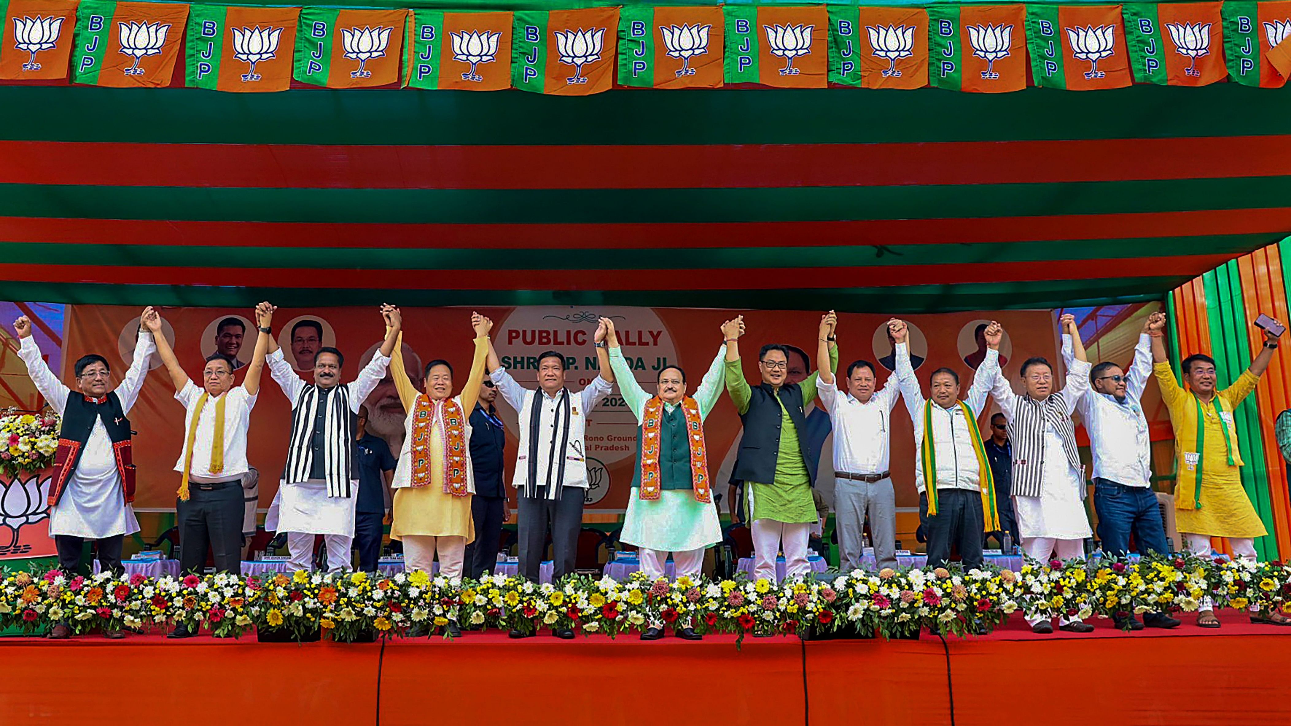 <div class="paragraphs"><p>BJP National President JP Nadda with Arunachal Pradesh Chief Minister Pema Khandu, Union Minister Kiren Rijiju, party's state president Biyuram Wahge and others during a public meeting ahead of the upcoming Lok Sabha election, in Itanagar.</p></div>