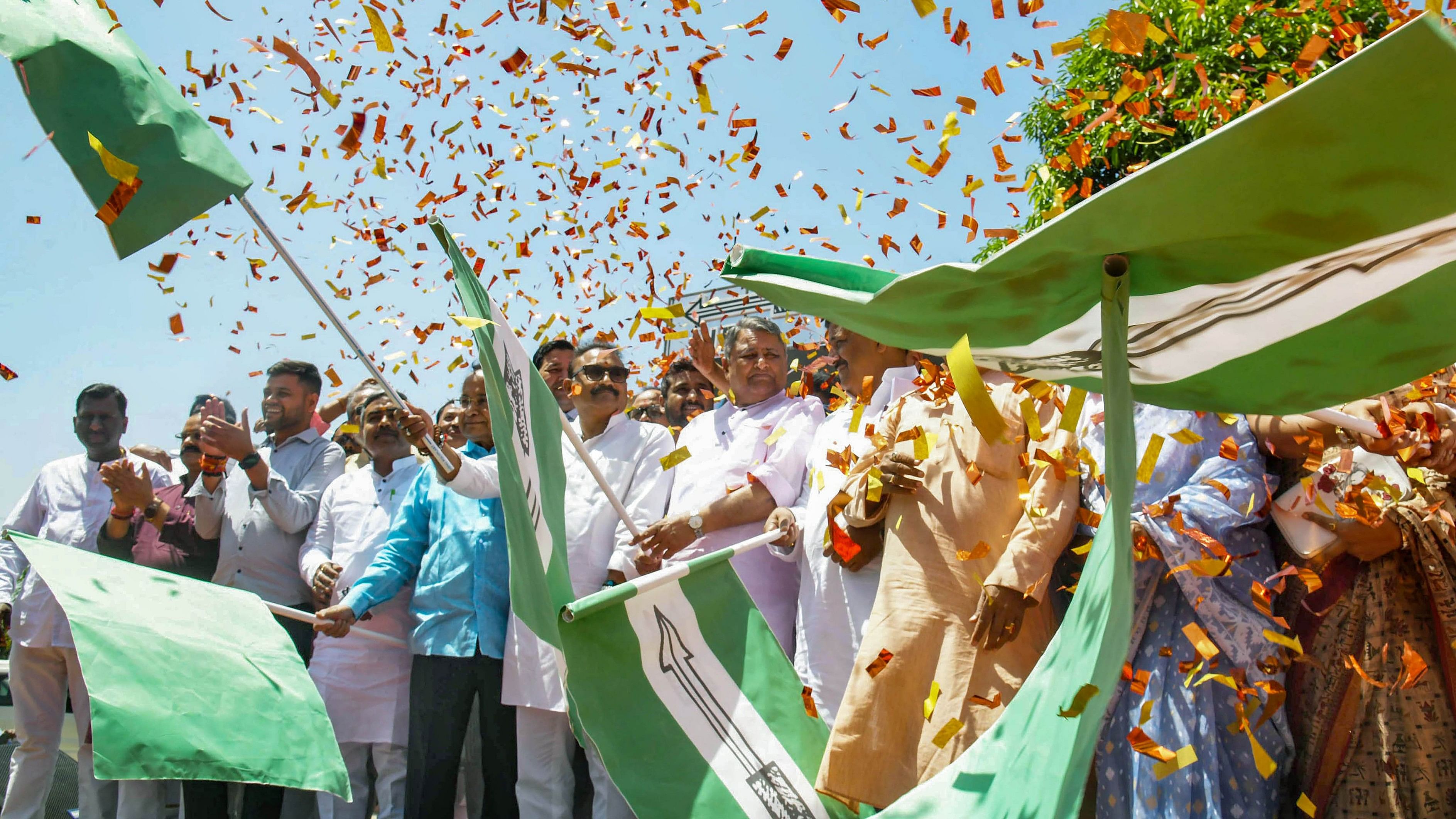 <div class="paragraphs"><p>Bihar Minister and JD(U) leader Vijay Kumar Chaudhary flags off vehicles for party's election campaign for the upcoming Lok Sabha polls, in Patna, Tuesday, April 2, 2024. </p></div>