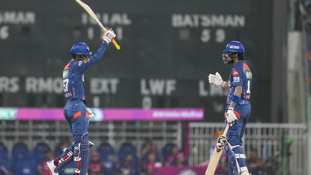<div class="paragraphs"><p>Lucknow Super Giants’ Deepak Hooda celebrates his half century with captain KL Rahul during an Indian Premier League (IPL) 2024 T20 cricket match between Lucknow Super Giants and Rajasthan Royals.</p></div>