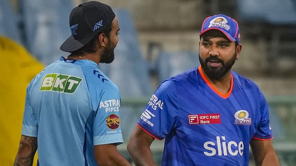 <div class="paragraphs"><p>Mumbai Indians batter Rohit Sharma (right) and LSG skipper KL Rahul.</p></div>