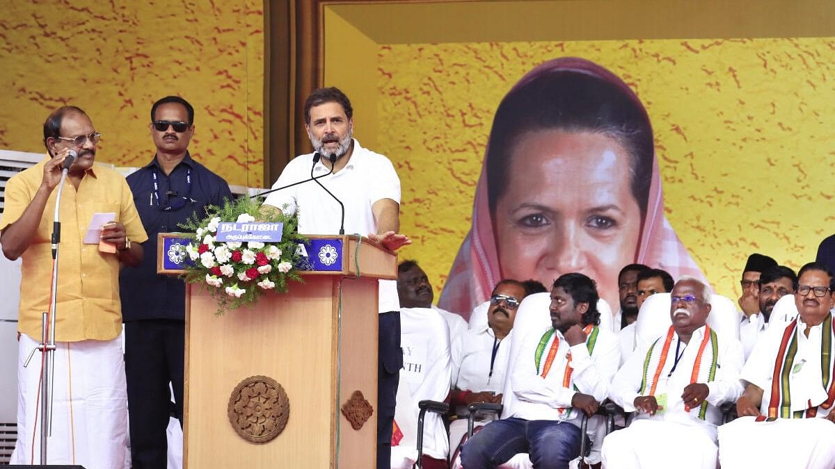<div class="paragraphs"><p>Rahul Gandhi addresses an election campaign rally in support of I.N.D.I.A. alliance candidates ahead of Lok Sabha polls, in Tirunelveli.&nbsp;</p></div>