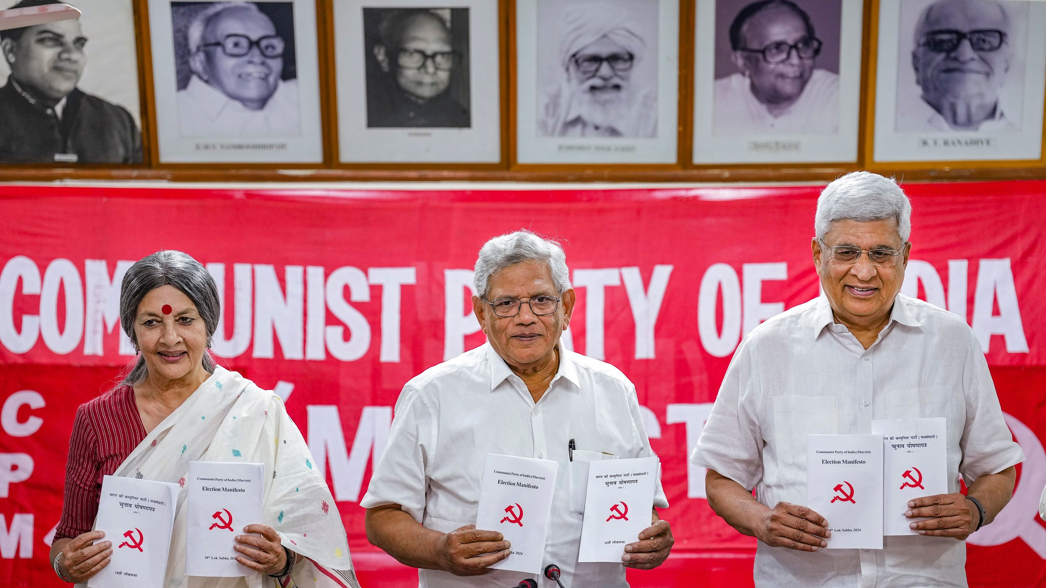 <div class="paragraphs"><p>CPI(M) General Secretary Sitaram Yechury with Polit Bureau members Prakash Karat and Brinda Karat releases the party's manifesto for the Lok Sabha elections.</p></div>