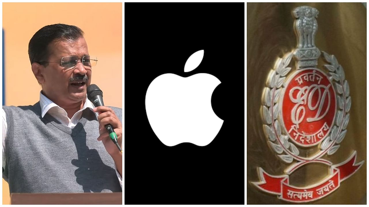 <div class="paragraphs"><p>(L to R) Delhi Chief Minister Arvind Kejriwal; Apple logo; ED logo.</p></div>