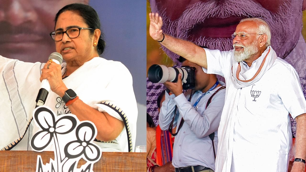 <div class="paragraphs"><p>(From left)&nbsp;West Bengal CM Mamata Banerjee addresses an poll campaign in Cooch Behar;&nbsp;PM Narendra Modi waves to supporters during an election campaign rally  in Cooch Behar.&nbsp;</p></div>