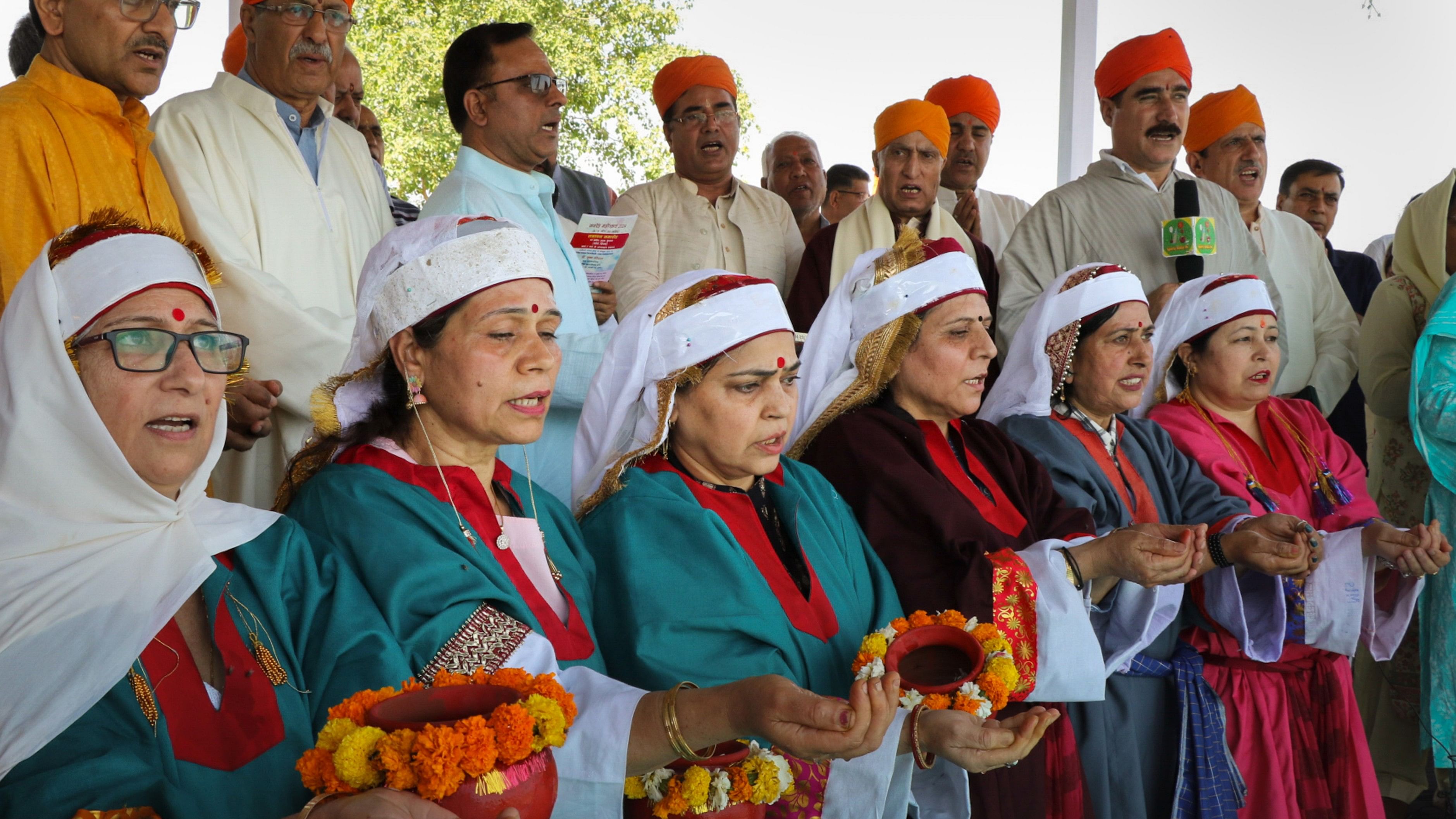 <div class="paragraphs"><p>Kashmiri Pandits during celebrations of 'Navreh' (Kashmiri New Year), at Mata Badrakali temple on the outskirts of Jammu, Tuesday, April 9, 2024.</p></div>
