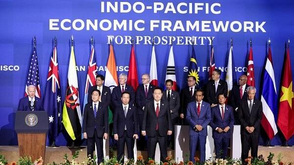 <div class="paragraphs"><p>US President Joe Biden delivers remarks as other nation's representatives in the IPEF bloc, including India's Union Commerce and Industry Minister Piyush Goyal look on&nbsp;at the Indo-Pacific Economic Framework (IPEF) Leaders event  in San Francisco, California, U.S in 2023.</p></div>