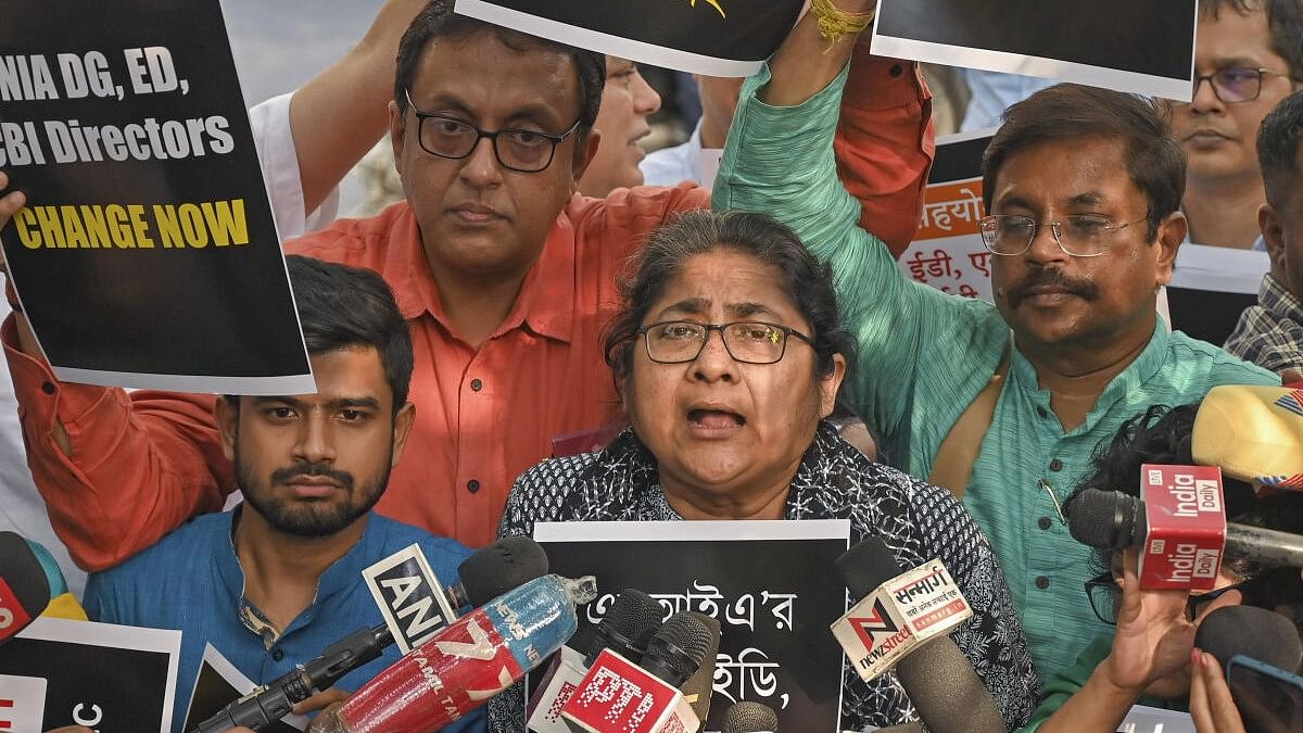 <div class="paragraphs"><p>Trinamool Congress (TMC) leader Dola Sen speaks to the media during her protest at Mandir Marg police station, in New Delhi.</p></div>