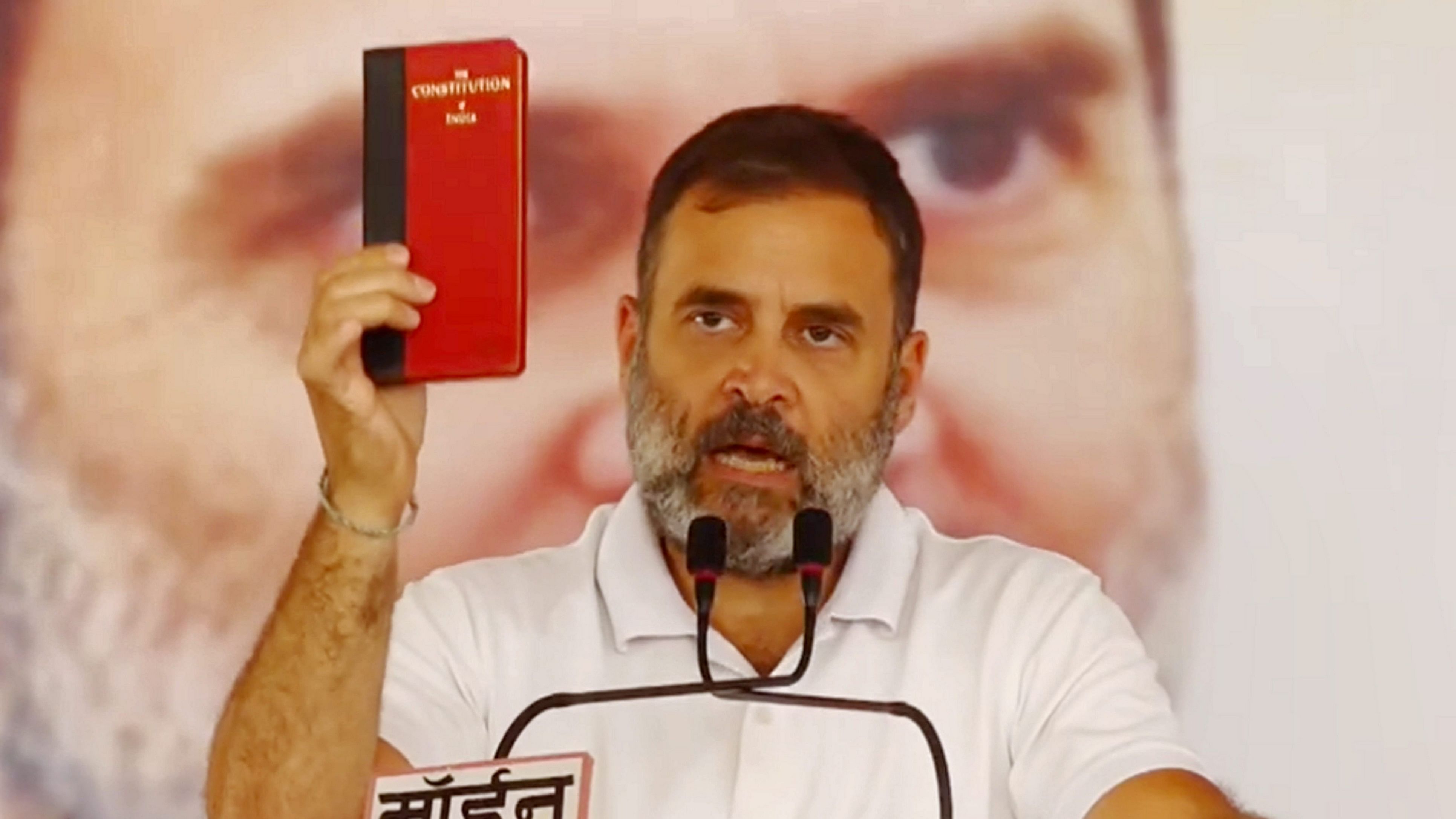 <div class="paragraphs"><p>Congress leader Rahul Gandhi addresses a public meeting for Lok Sabha elections, in Bhind, Madhya Pradesh, Tuesday, April 30, 2024. </p></div>