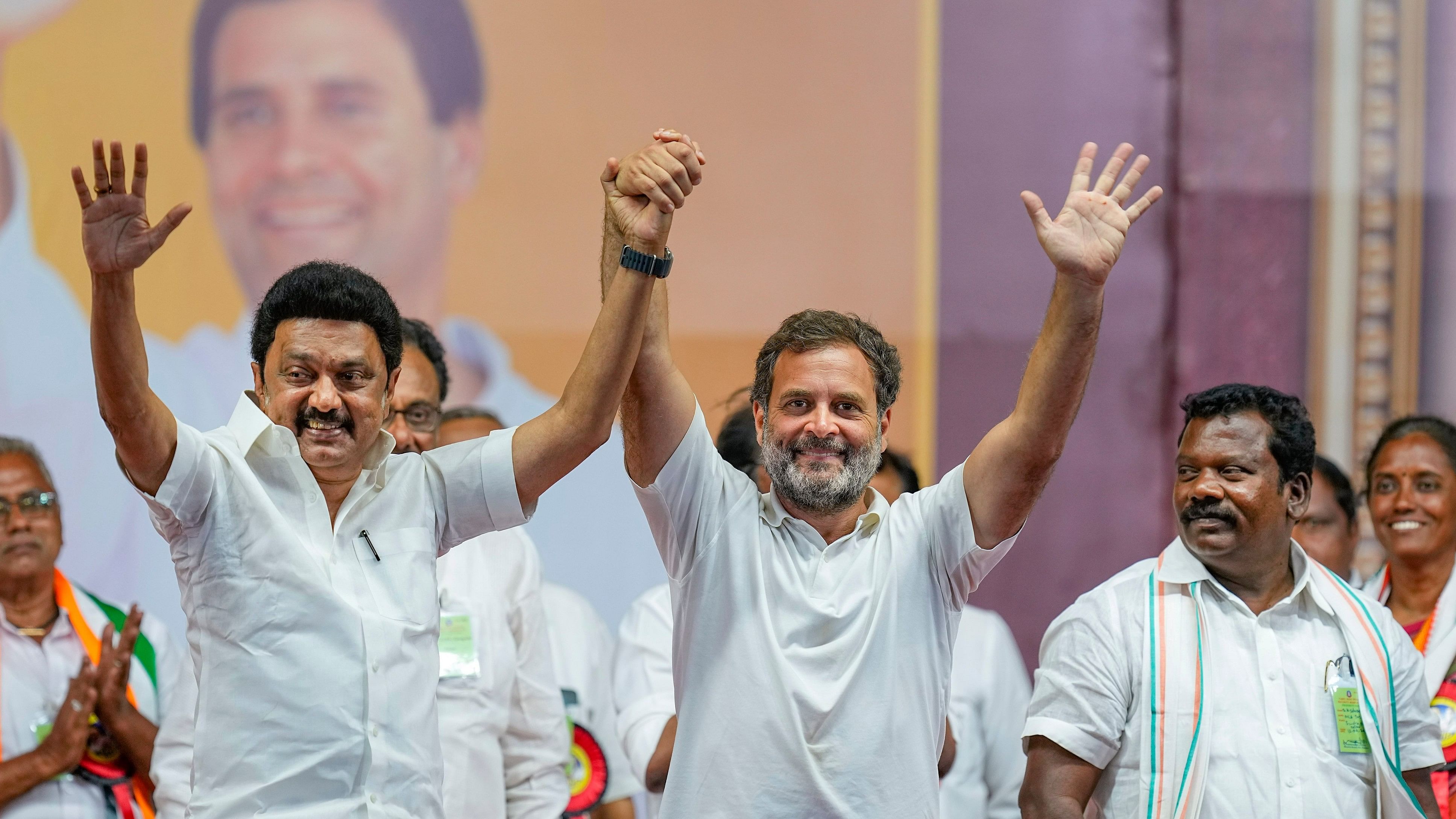 <div class="paragraphs"><p>DMK chief and Tamil Nadu Chief Minister M K Stalin and Congress leader Rahul Gandhi wave at supporters during a public meeting, ahead of the Lok Sabha elections, in Coimbatore, Friday, April 12, 2024.</p></div>