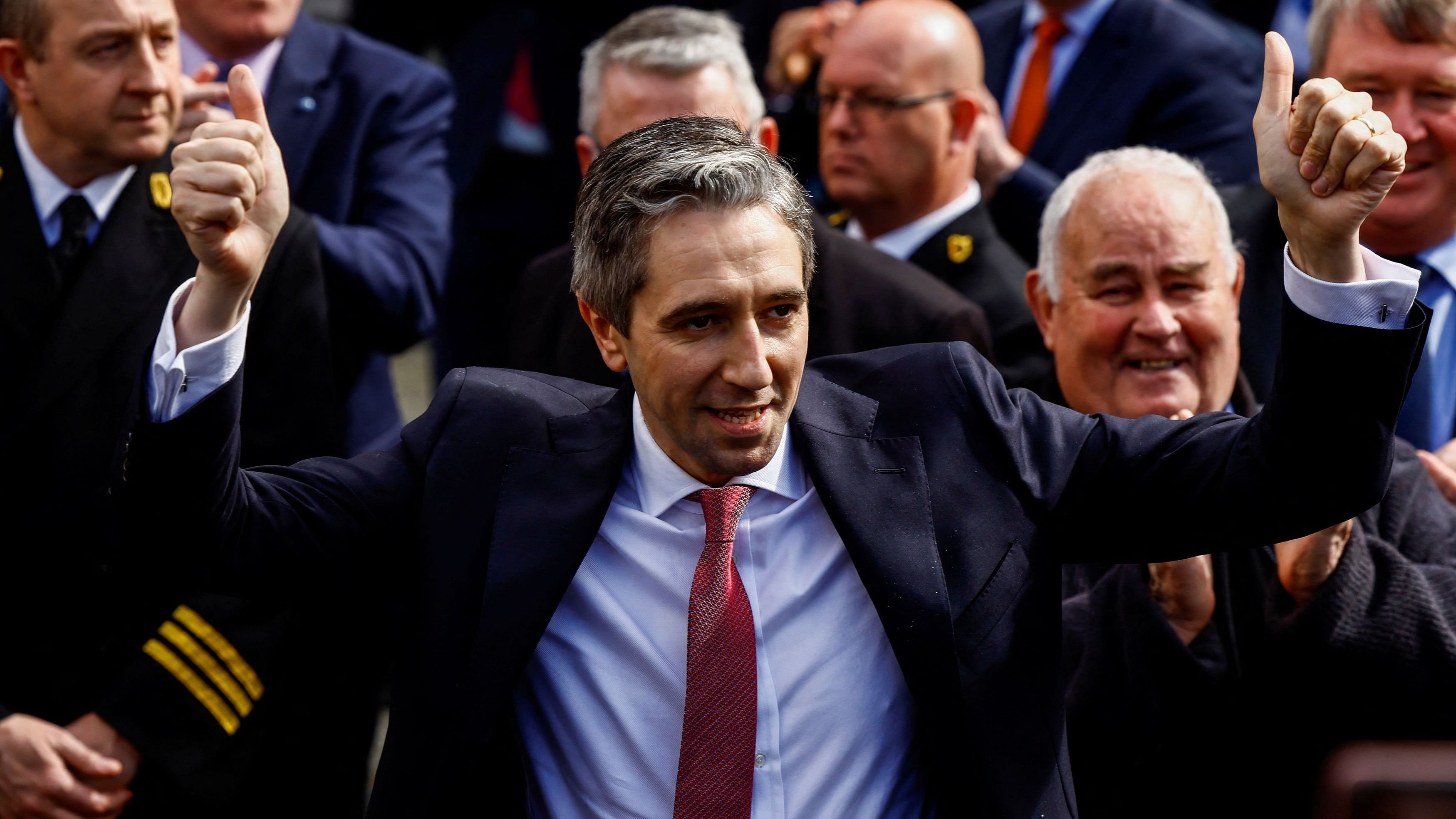 <div class="paragraphs"><p>Simon Harris gestures after receiving a majority parliamentary vote to become the next Taoiseach (Prime Minister) of Ireland, in Dublin, Ireland, on April 9.</p></div>