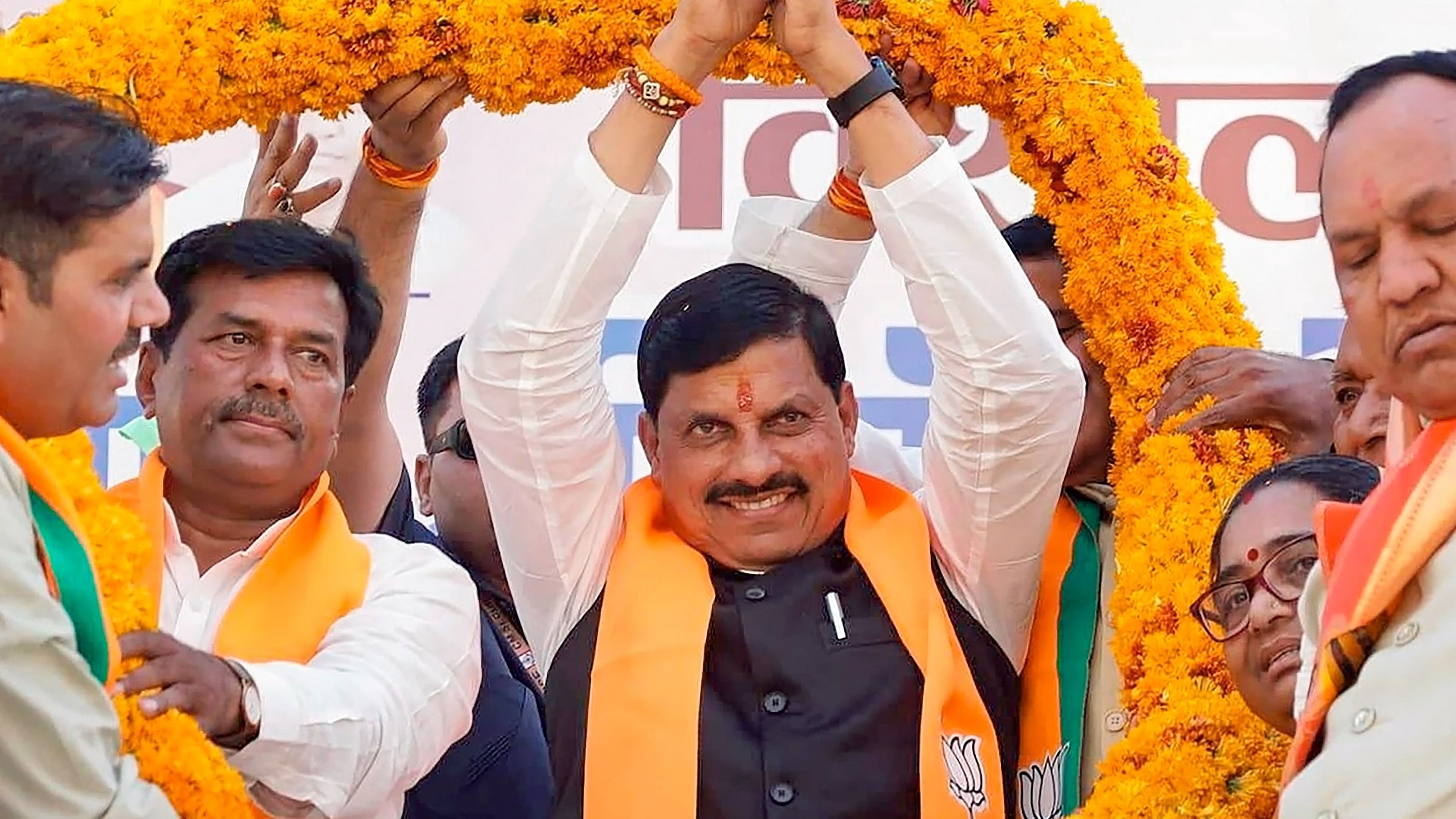 <div class="paragraphs"><p>Madhya Pradesh Chief Minister Mohan Yadav being felicitated during a public meeting for Lok Sabha elections, in Gwalior, on Saturday.</p></div>