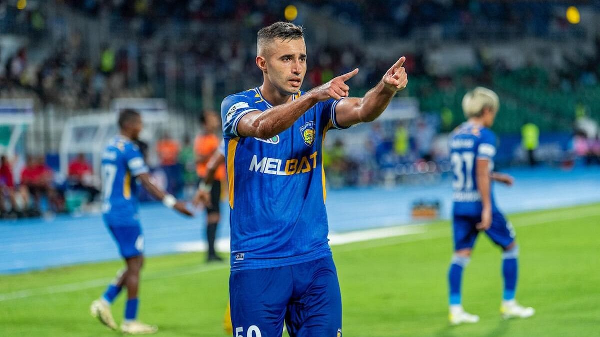 <div class="paragraphs"><p>Chennaiyin FC's Rafael Crivellaro celebrates after scoring a goal during an Indian Super League (ISL) 2023-24 season football match between Chennaiyin FC and Jameshedpur FC, at Sree Kanteerava Stadium, in Chennai, Thursday, April 4, 2024.</p></div>