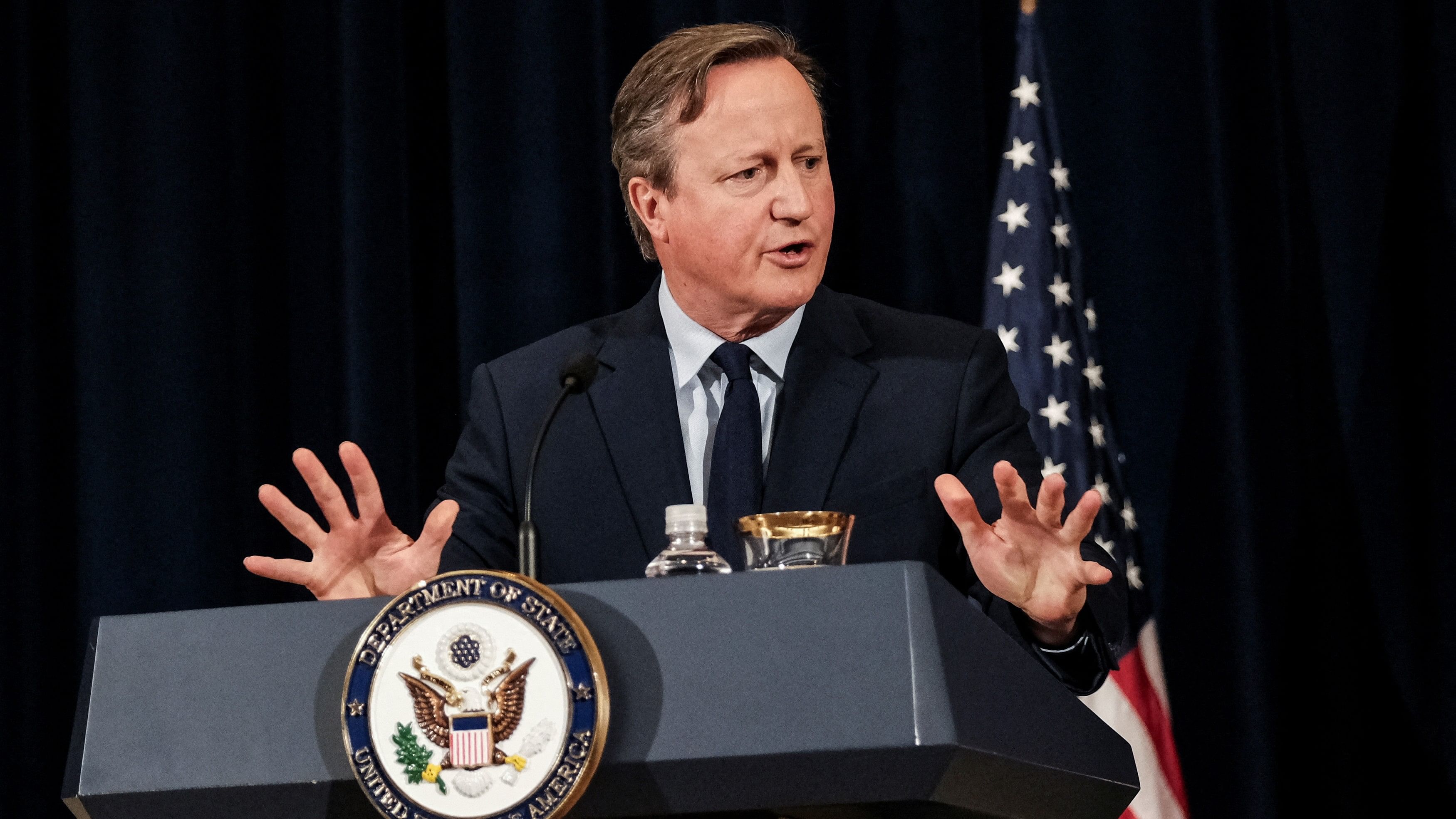 <div class="paragraphs"><p>British Foreign Secretary David Cameron holds a joint press conference with U.S. Secretary of State Antony Blinken at the State Department in Washington, US, April 9, 2024.</p></div>